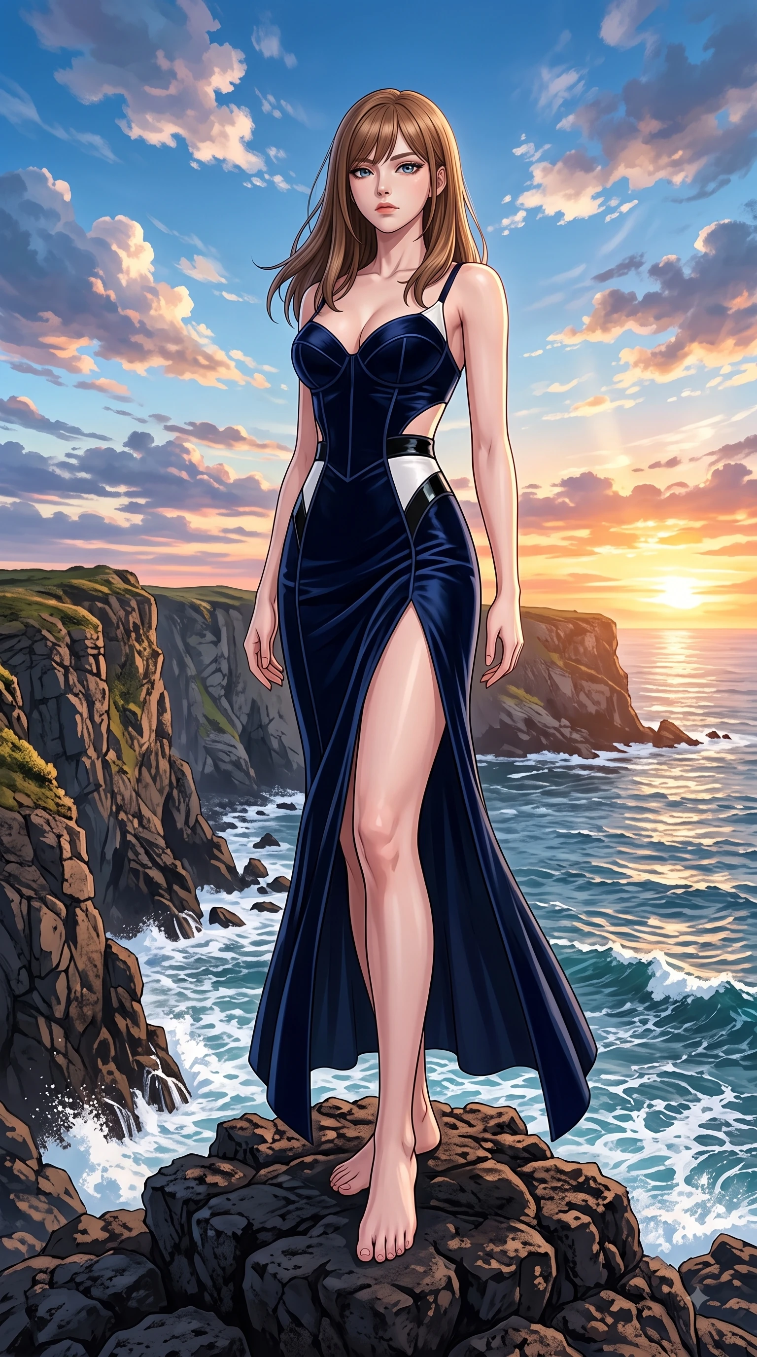 score_9, masterpiece, best quality, ultra-detailed, high-budget anime keyframe, editorial fashion photography, tasteful artistic composition, Korean woman. low angle full-body shot from head to toe showing her feet, filling the entire 9:16 vertical frame with her statuesque presence, stretching her vertical silhouette. Cool disdainful expression looking past the camera with effortless superiority and a stoic facial line while pivoting in mid-motion on dark volcanic rocks with a windswept, magnetic stance. The surrounding environment is rendered in vivid detail and crisp panoramic clarity. dramatic sea cliff textures, splashing wave foam, and vibrant sunset sky clouds in panoramic clarity. She has an absolutely perfect, statuesque 8.5-heads proportion, an exceptionally tall and slender model-like female figure with impossibly long slender legs and an ultra-slim waist. sharp v-shaped jawline, high-bridge nose, intricate jewel-like eyes with depth, thick eyelashes, glossy lips with a natural sheen, flawlessly proportioned anatomical accuracy, natural body alignment, perfectly sculpted elegant limbs, clean dynamic posture without body distortion. wearing a sleek dark navy velvet bustier gown with a deep slit and metallic accents in monochrome white and glossy black contrast, crafted from smooth liquid silk satin, complemented by clean architectural seams and subtle cutouts, the sleek second-skin fit accentuating her magnetic presence. surrounded by an majestic, emotional, and breathtaking coastal editorial aura. highly saturated vibrant anime colors, detailed shading with soft gradients, rich glossy textures, high-contrast stereoscopic depth, volumetric dynamic lighting, master piece, 9:16 ratio