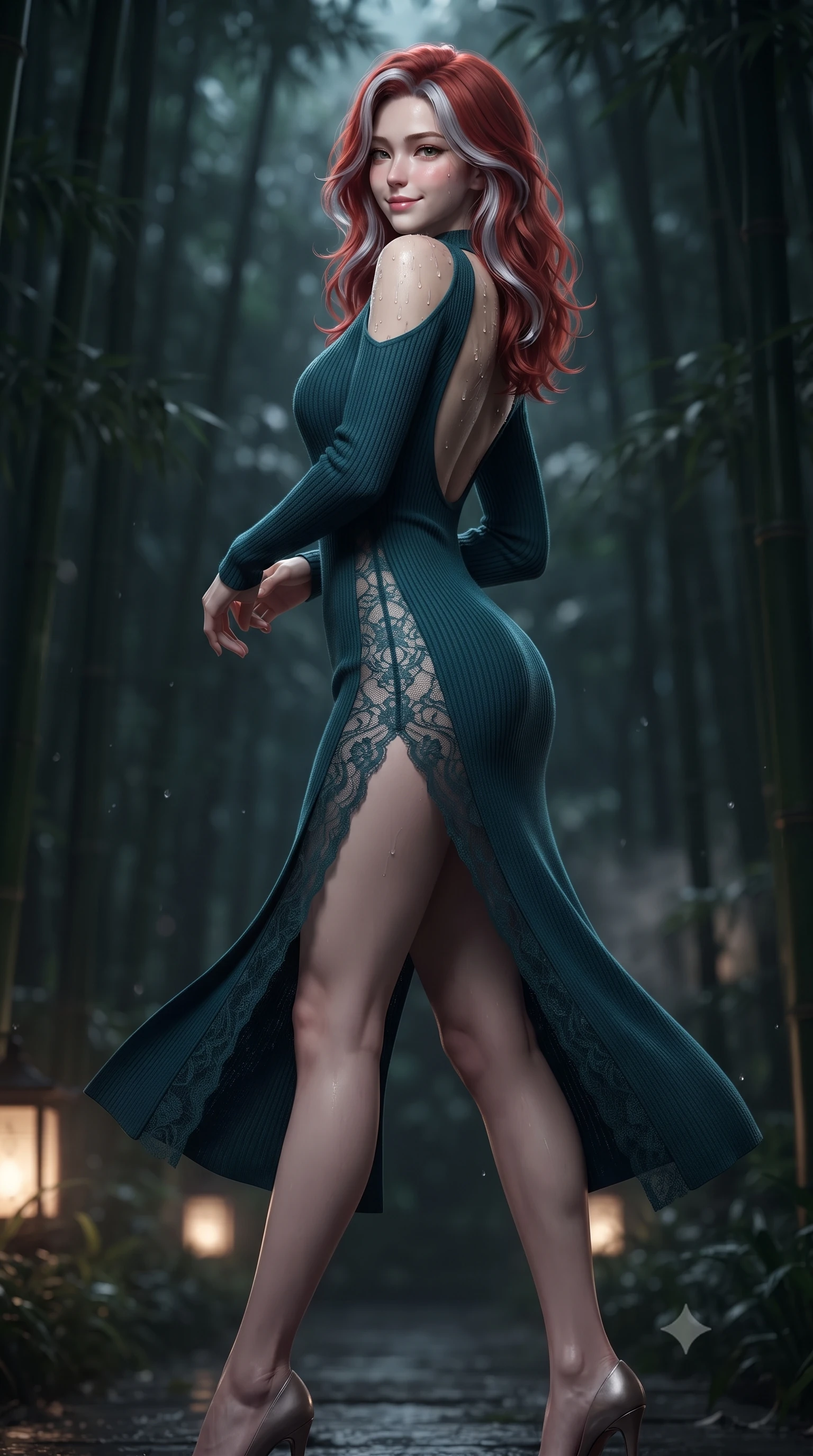 score_9, masterpiece, best quality, ultra-detailed, high-budget anime keyframe, editorial fashion photography, tasteful artistic composition, Caucasian woman. low angle full-body shot from head to toe showing her feet, filling the entire 9:16 vertical frame with her statuesque presence, stretching her vertical silhouette. executing a slow, graceful pivot turn as her skirt sways around her slender legs, glancing back with an enchanting, teasing sensual expression while twisting her slender torso in an alluring contrapposto stance, black bamboo shadows and lantern light tracing her flat midriff and hips. The background shows a soft-focus dense black bamboo groves, swaying bamboo leaves, and misty midnight mountain air blurred into jade, charcoal, and silver bokeh. She has an absolutely perfect, statuesque 8.5-heads proportion, an exceptionally tall and slender model-like female figure with impossibly long slender legs, an ultra-slim waist, a flat toned midriff, narrow delicate ribcage, and beautifully sculpted feminine hips creating a graceful, slim hourglass silhouette without any bulky heaviness. sharp v-shaped jawline, high-bridge nose, sparkling eyes with hypnotic seductive depth, thick curled eyelashes, glossy parted lips with a natural dewy peach sheen, alluring bedroom-eyes with an enchanting coquettish smile, exuding magnetic siren charisma and sophisticated glamour, flawlessly proportioned anatomical accuracy, strict slender model proportions, natural body alignment, perfectly sculpted long slender limbs, ultra-slim waistline, clean dynamic posture without body distortion. wearing a plunging V-neck rib-knit sweater dress with an open-back scoop and daring side leg slit in deep peacock teal and burnished antique brass, made of delicate semi-sheer French Chantilly lace with intricate eyelash edges, finished with glistening drops of pool water beading across her sculpted shoulders and collarbones, the high-slit wrap tailoring accentuating her ultra-slim waistline and the enchanting curve of her feminine hips with alluring seductive charm. illuminated by hot water steam scatter and sharp silvery rim lights sculpting her jawline, narrow waist, and voluptuous hip curves. ultra-reflective glossy finish, specular highlights, rich textural contrasts, high-contrast stereoscopic depth, volumetric dynamic lighting, 2k, ultra detail, master piece, 9:16 ratio