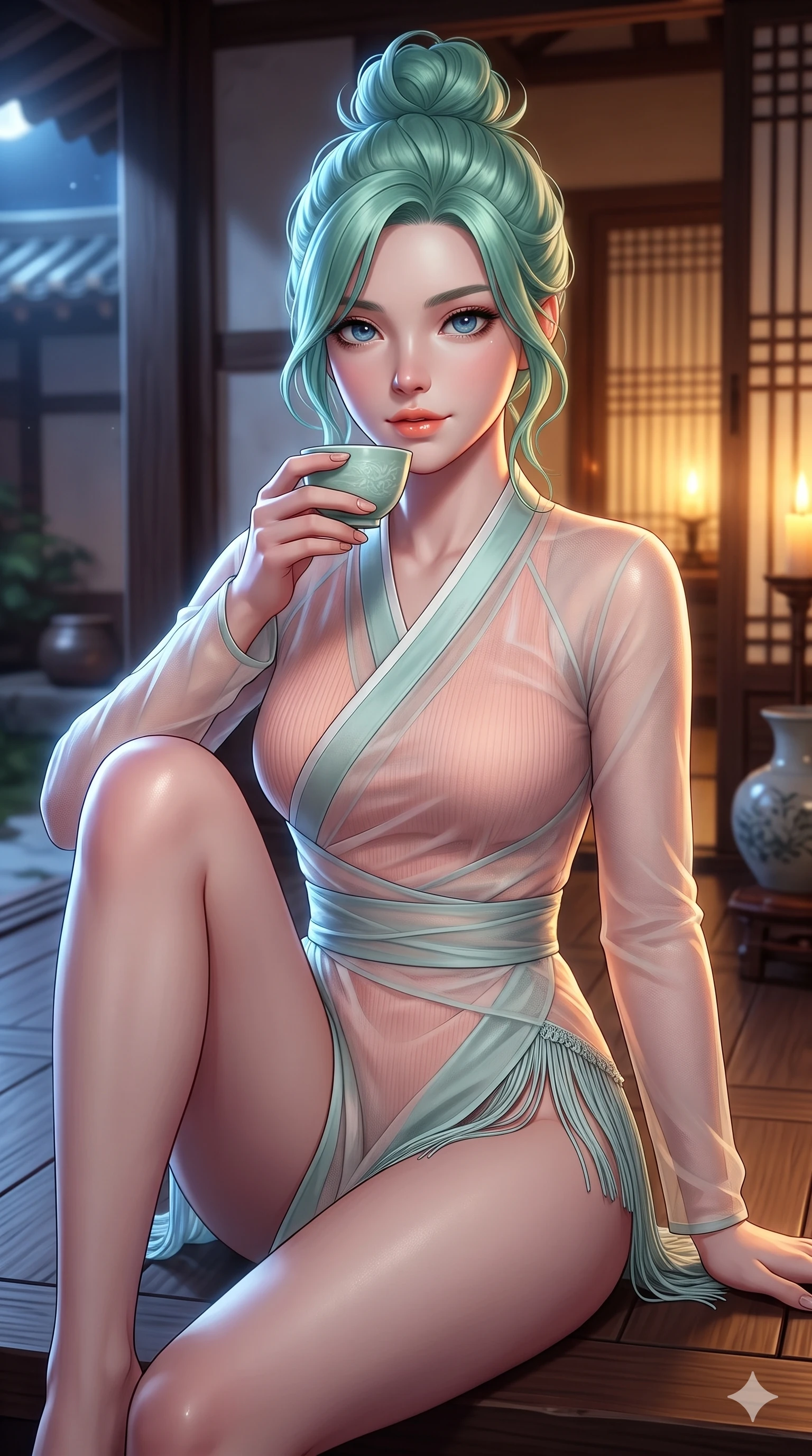 score_9, masterpiece, best quality, ultra-detailed, high-budget anime keyframe, semi-realistic 3D game render, editorial fashion photography, tasteful artistic composition, Japanese woman. close-up cowboy shot from the waist and thighs up, the character dominates the composition, filling the frame with her large presence. smiling with quiet, magnetic self-assurance directly into the camera, her sculpted waistline catching specular moonbeam highlights while sitting gracefully on the polished veranda floor with one knee drawn up, holding a celadon teacup with parted glossy lips. The background shows a soft-focus intimate Korean veranda room softened in warm candlelight shallow focus. She has an exceptionally elegant, slender, and willowy female figure with an ultra-slim waist, flat toned midriff, narrow ribcage, and sculpted feminine hips creating an alluring, slim hourglass silhouette without bulk. sharp v-shaped jawline, high-bridge nose, sparkling eyes with hypnotic seductive depth, thick curled eyelashes, glossy parted lips with a natural dewy peach sheen, alluring bedroom-eyes with an enchanting coquettish smile, exuding magnetic siren charisma and sophisticated glamour, flawlessly proportioned anatomical accuracy, strict slender model proportions, natural body alignment, perfectly sculpted long slender limbs, ultra-slim waistline, clean dynamic posture without body distortion. wearing a delicate semi-translucent wet-look mesh hanbok bodysuit clinging sheerly to her sculpted torso and hip curves in pastel peach blossom and celadon porcelain blue, tailored from fine ribbed modal knit with gentle elastic contouring and soft hand-feel, finished with delicate silk fringe trim fluttering along her hip line with kinetic charm, the high-slit wrap tailoring accentuating her ultra-slim waistline and the enchanting curve of her feminine hips with alluring seductive charm. bathed in warm golden candlelight glowing from within the interior room mixed with cool moonlight fill. highly saturated vibrant anime colors, detailed shading with soft gradients, rich glossy textures, high-contrast stereoscopic depth, volumetric dynamic lighting, master piece, 9:16 ratio