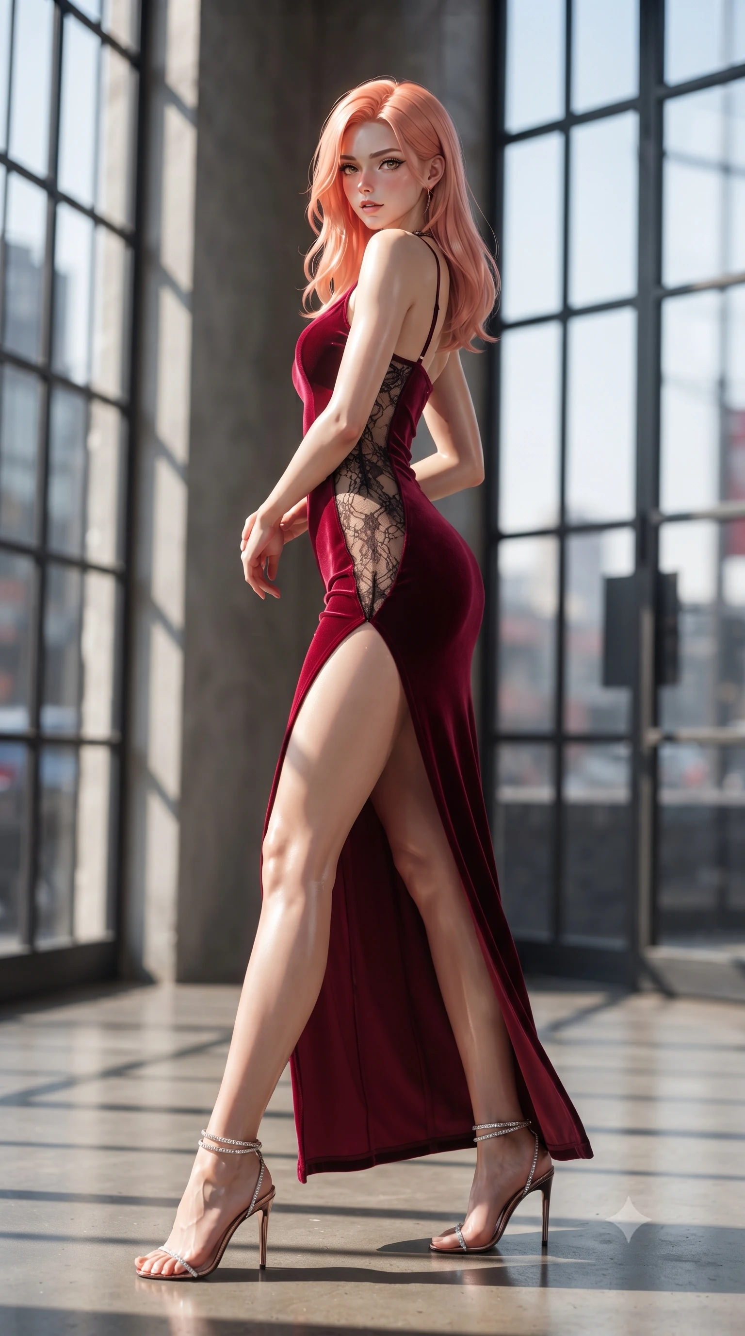score_9, masterpiece, best quality, ultra-detailed, high-budget anime keyframe, editorial fashion photography, tasteful artistic composition, Japanese woman. low angle full-body shot from head to toe showing her feet, filling the entire 9:16 vertical frame with her statuesque presence, stretching her vertical silhouette. executing a slow, graceful pivot turn as her skirt sways around her slender legs, glancing back with an enchanting, teasing sensual expression while twisting her slender torso in an alluring contrapposto stance, geometric window mullion shadows carving sharp lines across her curves. The background shows a soft-focus industrial steel sash windows softened in legendary Bauhaus shallow focus. She has an absolutely perfect, statuesque 8.5-heads proportion, an exceptionally tall and slender model-like female figure with impossibly long slender legs, an ultra-slim waist, a flat toned midriff, narrow delicate ribcage, and beautifully sculpted feminine hips creating a graceful, slim hourglass silhouette without any bulky heaviness. sharp v-shaped jawline, high-bridge nose, sparkling eyes with hypnotic seductive depth, thick curled eyelashes, glossy parted lips with a natural dewy peach sheen, alluring bedroom-eyes with an enchanting coquettish smile, exuding magnetic siren charisma and sophisticated glamour, flawlessly proportioned anatomical accuracy, strict slender model proportions, natural body alignment, perfectly sculpted long slender limbs, ultra-slim waistline, clean dynamic posture without body distortion. wearing a form-contouring deep crimson velvet bodycon gown with a daring hip-high slit and sheer black lace side cutouts in architectural titanium grey and pure milk white, woven from buttery-soft stretch lambskin leather adhering to her body like a second skin, complemented by strappy stiletto sandals with crystal ankle wraps accentuating her slender calves, the glove-like clinging cut tightly following the natural contour of her hips and long slender legs with youthful 8.5-heads elegance. bathed in brilliant morning sunlight streaming through the floor-to-ceiling glass curtain wall. ultra-reflective glossy finish, specular highlights, rich textural contrasts, high-contrast stereoscopic depth, volumetric dynamic lighting, 2k, ultra detail, master piece, 9:16 ratio