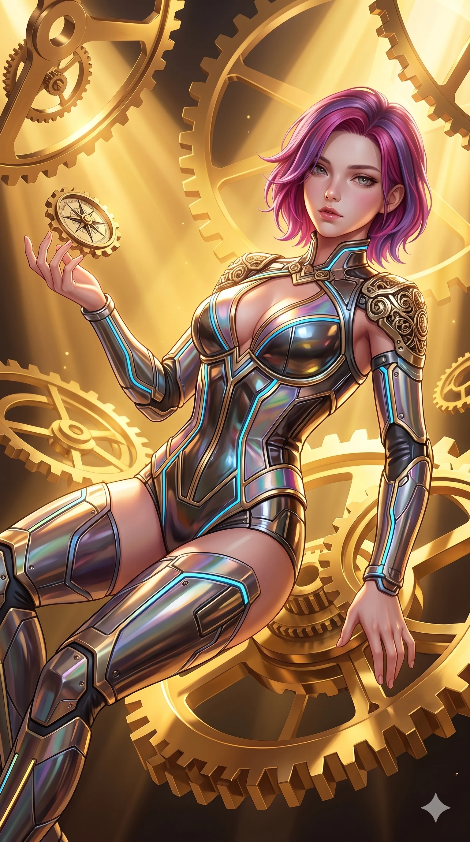score_9, masterpiece, best quality, ultra-detailed, high-budget anime keyframe, semi-realistic 3D game render, Caucasian woman, strictly human ears. Upper body close-up from the thighs up, character filling the screen for maximum presence. She is intertwined with massive floating gold gears and clockwork mechanisms suspended in a void. She leans back gracefully, looking at the camera with a dreamy, captivating gaze. She has an absolutely perfect 8-heads proportion, a tall and elegant figure with a refined silhouette and a defined waistline. V-shaped jawline, high-bridge nose, intricate jewel-like eyes with depth, thick eyelashes, glossy lips with a natural sheen. She is wearing a structured cybernetic bodice in glossy vinyl panels, paired with detached sleeves and a refined V-neckline detailed with glowing piping. The scene is illuminated by warm, blindingly bright golden spotlights and sharp volumetric light rays. 2k, ultra detail, master piece, 9:16 ratio
