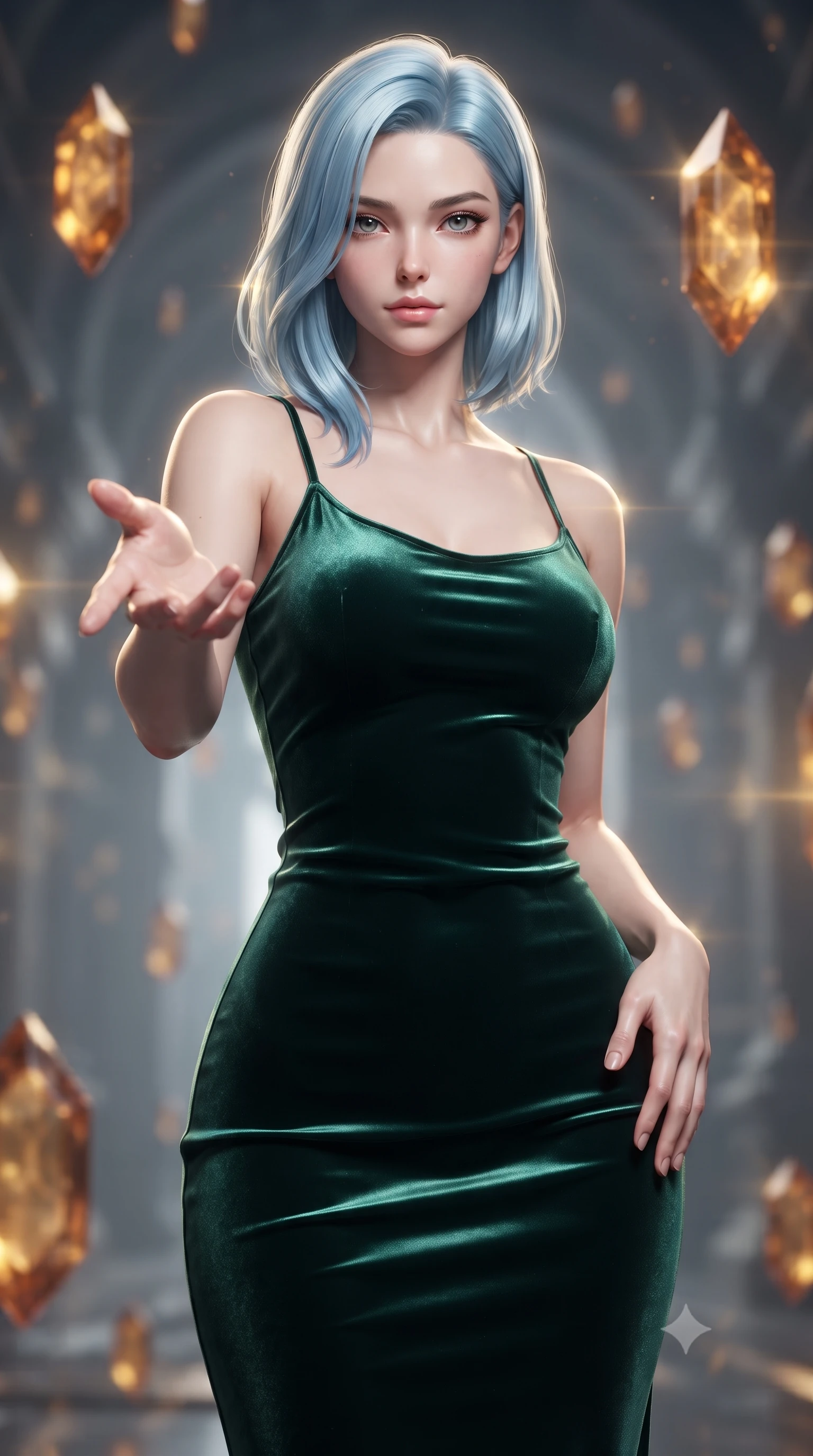 score_9, masterpiece, best quality, ultra-detailed, high-budget anime keyframe, editorial fashion photography, tasteful artistic composition, Korean woman woman. close-up cowboy shot from the waist and thighs up, the character dominates the composition, filling the frame with her large presence, background elements kept in soft focus. She has an exceptionally elegant, slender, and willowy female figure with an ultra-slim waist, a gracefully sculpted slender torso, and a refined silhouette. reaching one hand toward the viewer with relaxed elegance, her gaze holding quiet authority, flawlessly proportioned anatomical accuracy, natural body alignment, perfectly sculpted elegant limbs, clean dynamic posture without body distortion. set against a soft-focus background of a temporal corridor with floating amber time crystals. wearing a fitted dark emerald velvet slip dress with a smooth liquid sheen and delicate straps. bathed in golden temporal energy flares casting dramatic volumetric rim lighting. ultra-reflective glossy finish, specular highlights, metallic sheen, high-contrast stereoscopic depth, volumetric dynamic lighting, 2k, ultra detail, master piece, 9:16 ratio