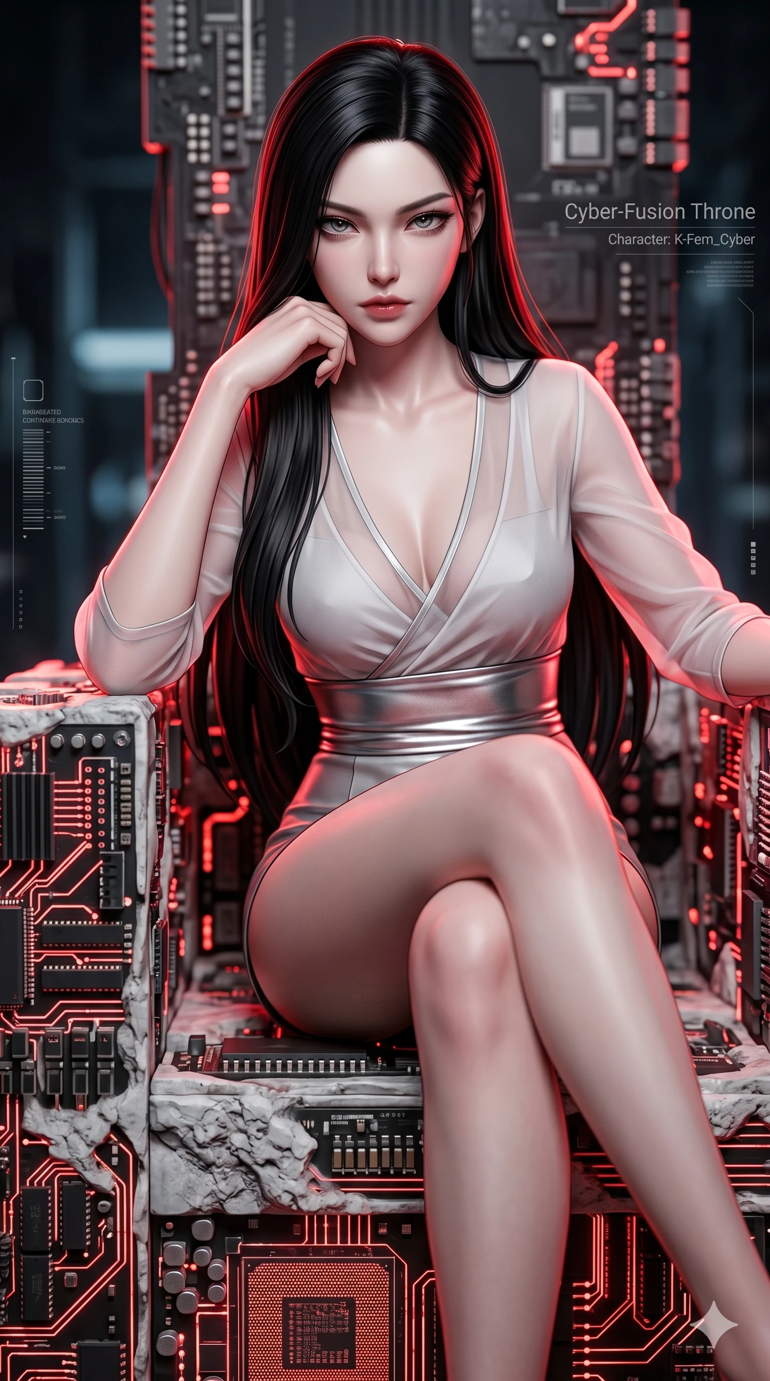 score_9, masterpiece, best quality, ultra-detailed, high-budget anime keyframe, semi-realistic 3D game render, Korean woman. Upper body close-up from the thighs up, character filling the screen for maximum presence. She is seated dynamically on a throne of calcified logic boards and glowing red circuits. She leans forward with a dangerous, enticing smolder, resting one elbow on her knee. She has an absolutely perfect 8-heads proportion, an exceptionally tall and slender female figure with impossibly long slender legs and an ultra-slim waist. V-shaped jawline, high-bridge nose, intricate jewel-like eyes with depth, thick eyelashes, glossy lips with a natural sheen. She is wearing a shortened cyber-fusion wrap top with transparent chiffon panels, a deep crossover neckline, and a high-waisted metallic sash that accentuates her ultra-slim waist. The scene is bathed in bright white studio flash light and sharp crimson rim lighting outlining her silhouette. 2k, ultra detail, master piece, 9:16 ratio