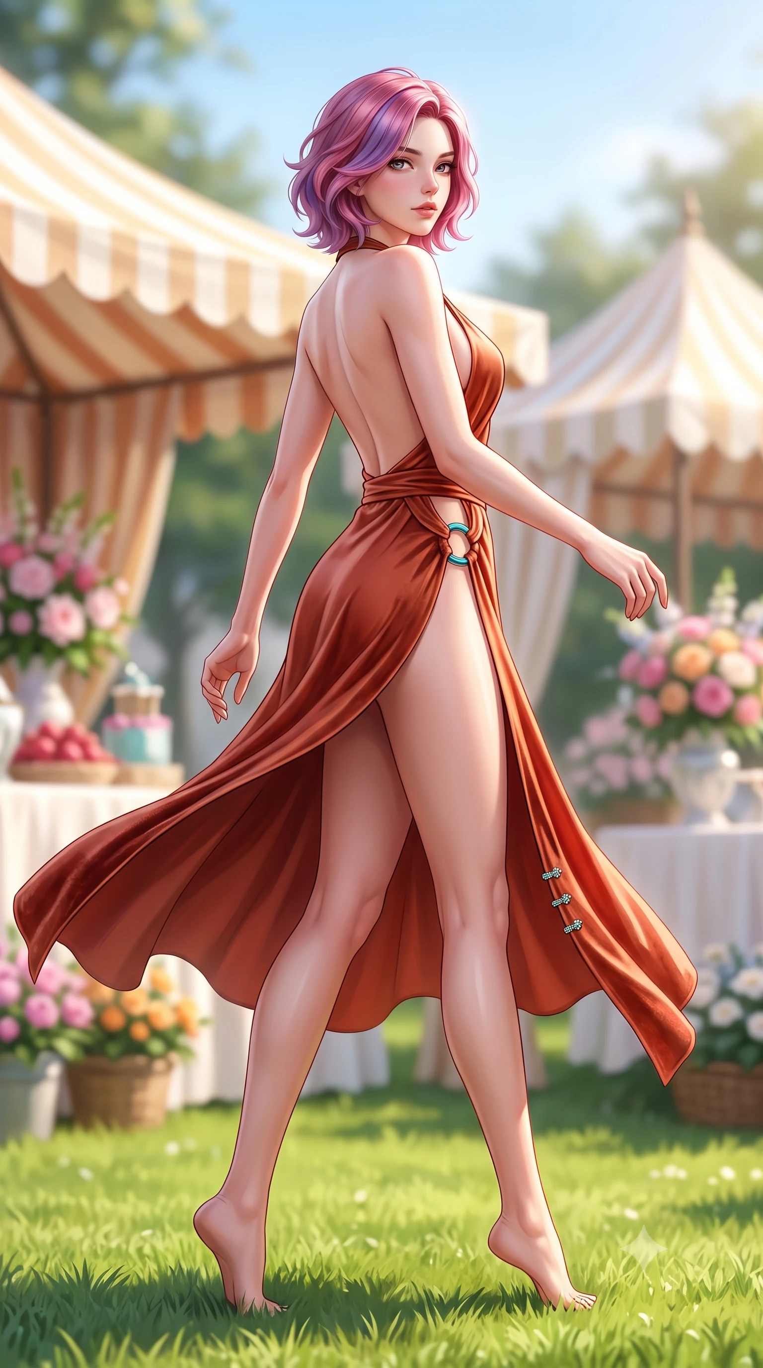 score_9, masterpiece, best quality, ultra-detailed, high-budget anime keyframe, semi-realistic 3D game render, editorial fashion photography, tasteful artistic composition, Caucasian woman. low angle full-body shot from head to toe showing her feet, filling the entire 9:16 vertical frame with her statuesque presence, stretching her vertical silhouette. executing an elegant mid-motion pivot turn as garments swirl around her slender limbs, glancing over her shoulder with an intoxicating bedroom-gaze while striding across the sun-drenched private lawn with sovereign supermodel momentum, long slender legs and narrow waist commanding the scene. The composition keeps background elements in soft focus with creamy bokeh. striped marquee canvas awnings and floral pavilion displays softened in bright glamorous shallow focus. She has an exceptionally tall and slender model-like 8.5-heads proportion, an ultra-slim waist, a flat toned midriff, narrow delicate ribcage, and beautifully sculpted feminine hips creating a graceful, slim hourglass silhouette without any bulky heaviness, with impossibly long slender legs. sharp v-shaped jawline, high-bridge nose, intricate jewel-like eyes with depth, thick eyelashes, glossy parted lips with a natural sheen, intensely captivating and seductive bedroom-eyes expression, flawlessly proportioned anatomical accuracy, strict slender model proportions, natural body alignment, perfectly sculpted long slender limbs, ultra-slim waistline, clean dynamic posture without body distortion. wearing a backless terracotta silk wrap dress featuring high-cut side hip slits and turquoise ring hardware in liquid starlight silver and arctic glacier white, crafted from heavyweight crushed silk velvet with liquid vintage luster, finished with an ultra-high side slit secured by miniature jeweled clasps, the form-contouring material adhering flawlessly to her sculpted flat midriff and slender torso, emphasizing her long leg lines and perfectly proportioned willowy build. surrounded by an untouchable, elite, and irresistibly prestigious equestrian heiress aura. highly saturated vibrant anime colors, detailed shading with soft gradients, rich glossy textures, high-contrast stereoscopic depth, volumetric dynamic lighting, master piece, 9:16 ratio