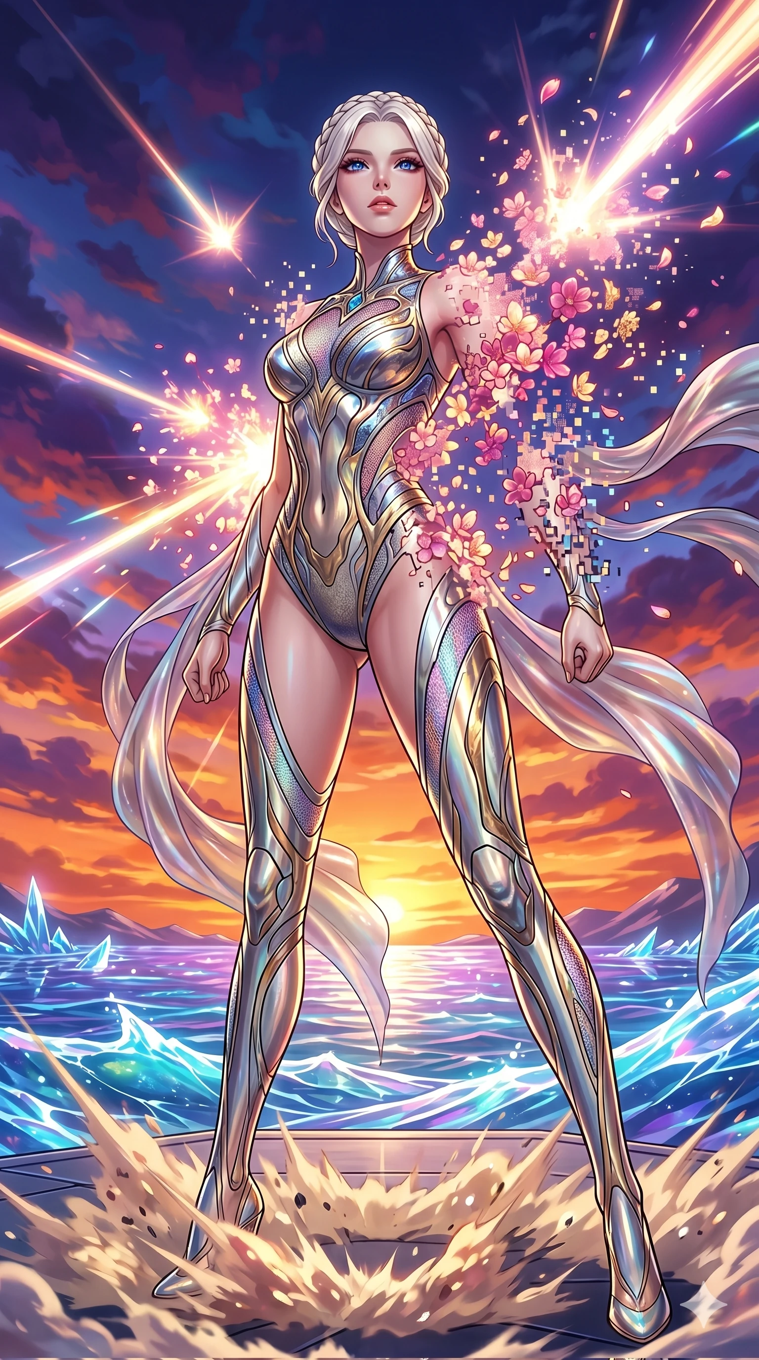 score_9, masterpiece, best quality, ultra-detailed, High-budget Anime Keyframe, vibrant colors, fluid line-art, expressive lighting, cinematic composition, Ufotable-style visual effects, top-tier animation quality, Korean woman with idol-like refined features. Low angle cowboy shot filling the entire 9:16 frame with her statuesque presence, looking up to emphasize her height. Vanishing into a sudden cloud of glowing cherry blossoms and digital pixels to escape an incoming attack. She has an absolutely perfect 8-heads proportion, an exceptionally tall and slender female figure with impossibly long slender legs and an ultra-slim waist, her statuesque height and towering silhouette dominating the vertical 9:16 frame. Her face is a masterpiece featuring a sharp v-shaped jawline, high-bridge nose, intricate jewel-like eyes with depth, thick eyelashes, and glossy lips with a natural sheen. She is wearing a Molten metal-look bodysuit with daring cut-outs and a high-cut silhouette crafted from Sheer silk that is almost transparent, flowing like water around her statuesque frame, with sheer fabric transparency over her delicate curves and a high-cut silhouette. The scene is set in a vibrant sunset over a futuristic crystalline ocean with waves made of liquid light, illuminated by intense energy flares from her powers illuminating the scene with brilliant light. 2k, ultra detail, master piece, 9:16 ratio