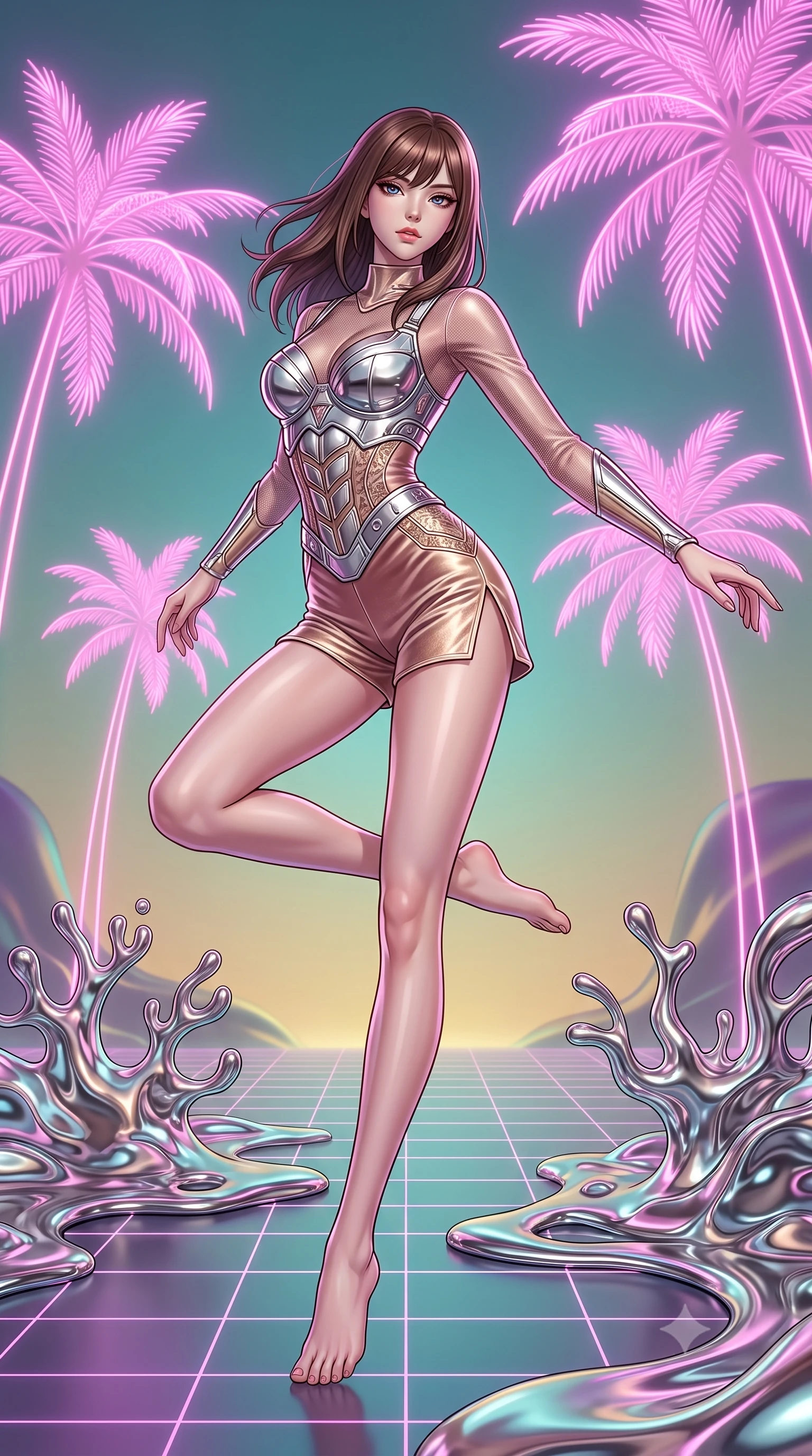 score_9, masterpiece, best quality, ultra-detailed, high-budget anime keyframe, editorial fashion photography, tasteful artistic composition, Korean woman. low angle full-body shot from head to toe showing her feet, filling the entire 9:16 vertical frame with her statuesque presence, stretching her vertical silhouette. pivoting dynamically in zero-gravity with fluid body alignment, displaying her perfect model proportions while leaping across a synthwave grid floor surrounded by lo-fi pink neon palm trees, liquid mercury corals flowing smooth like molten chrome around her feet. She has an absolutely perfect, statuesque 8.5-heads proportion, an exceptionally tall and slender model-like female figure with impossibly long slender legs and an ultra-slim waist. sharp v-shaped jawline, high-bridge nose, intricate jewel-like eyes with depth, thick eyelashes, glossy lips with a natural sheen, flawlessly proportioned anatomical accuracy, natural body alignment, perfectly sculpted elegant limbs, clean dynamic posture without body distortion. wearing a chrome-plated structured bodice worn over a sheer mesh top and micro-shorts in dusty rose and champagne gold, made of premium stretch velvet with a rich sheen, finished with a sleek side slit ascending to mid-thigh, the form-contouring material highlighting her ultra-slim waist and long lines. surrounded by a dreamlike vaporwave ambiance with smooth gradients. highly saturated vibrant anime colors, detailed shading with soft gradients, rich glossy textures, high-contrast stereoscopic depth, volumetric dynamic lighting, master piece, 9:16 ratio