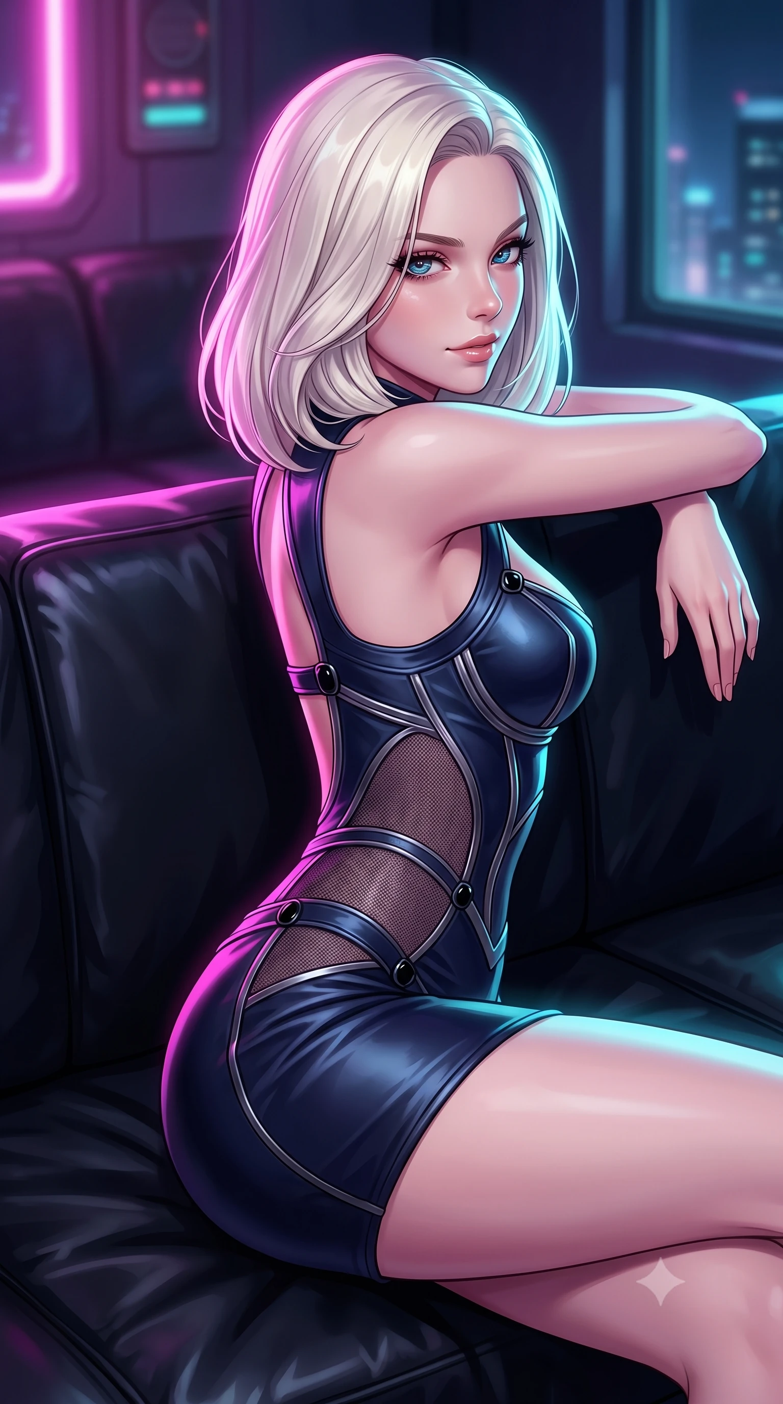 score_9, masterpiece, best quality, ultra-detailed, high-budget anime keyframe, editorial fashion photography, tasteful artistic composition, Caucasian woman. close-up cowboy shot from the waist and thighs up, the character dominates the composition, filling the frame with her large presence, background elements kept in soft focus. Glancing sidelong over her shoulder with a smoldering, enigmatic half-smile, lounging on a dark vinyl couch in a private retro-futuristic lounge at 2 AM, chic urban cyberpunk allure with intense visual presence. She has an exceptionally elegant, slender, and willowy female figure with an ultra-slim waist, a gracefully sculpted slender torso, and a refined silhouette. sharp v-shaped jawline, high-bridge nose, intricate jewel-like eyes with depth, thick eyelashes, glossy lips with a natural sheen. wearing architectural cut-out dark leather mini dress with sculpted metallic boning in midnight navy blue, made of fine dark contouring mesh, adorned with minimalist black onyx hardware framing the silhouette, highlighting her statuesque proportions and ultra-slim waistline. illuminated by vibrant magenta and cyan neon rim light against pitch-black leather. highly saturated vibrant anime colors, detailed shading with soft gradients, rich glossy textures, high-contrast stereoscopic depth, volumetric dynamic lighting, master piece, 9:16 ratio