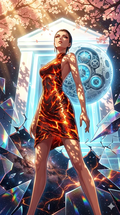 score_9, masterpiece, best quality, ultra-detailed, Set A: High-budget Anime Keyframe, Japanese woman. Low angle cowboy shot filling the entire 9:16 frame with her statuesque presence. Theme: Abstract Cosmic. shattering the fabric of reality in a tem