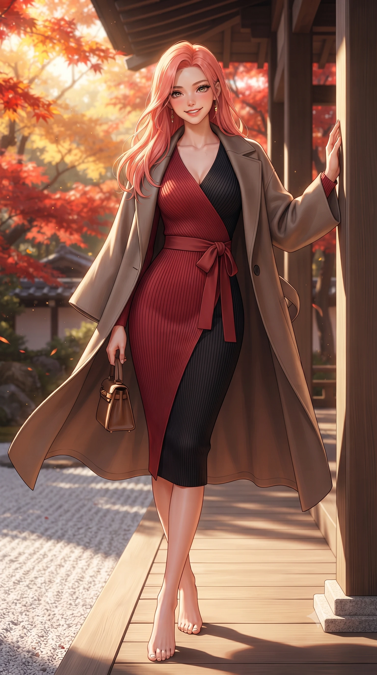 score_9, masterpiece, best quality, ultra-detailed, high-budget anime keyframe, editorial fashion photography, tasteful artistic composition, Japanese woman. low angle full-body shot from head to toe showing her feet, filling the entire 9:16 vertical frame with her statuesque presence, stretching her vertical silhouette. leaning lightly against the sunlit architectural column with hips cocked back, flashing a warm, alluring, confident smile while walking along the exterior wooden gallery overlooking raked white gravel and flaming crimson maple leaves, her tailored coat flowing with poise. The surrounding environment is rendered in vivid detail and crisp panoramic clarity: detailed modern kimono-wrap wool coat tailoring, sash belt knot, and classical Japanese temple joinery in razor-sharp precision. She has an exceptionally tall and slender model-like 8.5-heads proportion, an ultra-slim waist, a flat toned midriff, narrow delicate ribcage, and beautifully sculpted feminine hips creating a graceful, slim hourglass silhouette without any bulky heaviness, with impossibly long slender legs. sharp v-shaped jawline, high-bridge nose, intricate jewel-like sparkling eyes with depth, thick eyelashes, glossy parted lips with a natural peach sheen, bright cheerful beaming smile with an enchanting and coquettish sensual glint, exuding both youthful cute charm and seductive allure, flawlessly proportioned anatomical accuracy, strict slender model proportions, natural body alignment, perfectly sculpted long slender limbs, ultra-slim waistline, clean dynamic posture without body distortion. wearing a body-hugging asymmetrical-wrap ribbed knit midi dress with fluid stretch fabric tracing her curvaceous hips in Kyoto autumn maple crimson and deep ink black, made of ultra-fine Mongolian cashmere with sleek glove-like elasticity contouring her silhouette, finished with a structured leather micro-bag held lightly at her hip, the liquid-tight tailored fabric clinging flawlessly to her narrow waist and rounded feminine hips, emphasizing every millimeter of her sculpted slim hourglass curves without any bulky heaviness. bathed in filtered golden autumn sunlight dappled through brilliant red and orange maple foliage. ultra-reflective glossy finish, specular highlights, rich textural contrasts, high-contrast stereoscopic depth, volumetric dynamic lighting, 2k, ultra detail, master piece, 9:16 ratio