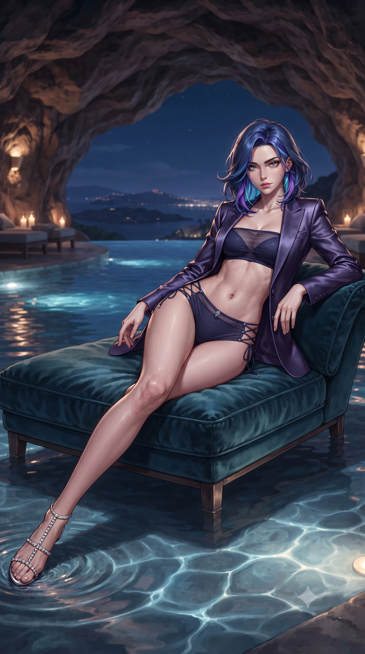 score_9, masterpiece, best quality, ultra-detailed, high-budget anime keyframe, editorial fashion photography, tasteful artistic composition, Caucasian woman. low angle full-body shot from head to toe showing her feet, filling the entire 9:16 vertical frame with her statuesque presence, stretching her vertical silhouette. reclining gracefully across the plush chaise lounge with one leg extended, her sculpted silhouette and flat midriff radiating magnetic nocturnal glamour while lounging in the shallow heated pool propped on one elbow, her flat midriff and long slender legs commanding the panoramic island night vista. The background shows a soft-focus curving volcanic cave rock ceiling softened in intimate nocturnal resort shallow focus. She has an absolutely perfect, statuesque 8.5-heads proportion, an exceptionally tall and slender model-like female figure with impossibly long slender legs, an ultra-slim waist, a flat toned midriff, narrow delicate ribcage, and beautifully sculpted feminine hips creating a graceful, slim hourglass silhouette without any bulky heaviness. sharp v-shaped jawline, high-bridge nose, sparkling eyes with hypnotic seductive depth, thick curled eyelashes, glossy parted lips with a natural dewy peach sheen, alluring bedroom-eyes with an enchanting coquettish smile, exuding magnetic siren charisma and sophisticated glamour, flawlessly proportioned anatomical accuracy, strict slender model proportions, natural body alignment, perfectly sculpted long slender limbs, ultra-slim waistline, clean dynamic posture without body distortion. wearing a tailored open-front satin smoking jacket worn over a jewel-embellished bandeau and micro-shorts in twilight lavender and midnight indigo, made of semi-opaque stretch illusion mesh with soft shadowy contours, featuring fine criss-cross lace-up side ties revealing tantalizing glimpses of her hip curve, the glove-like clinging cut tightly following the natural contour of her hips and long slender legs with youthful 8.5-heads elegance. illuminated by aquatic reflection caustics and sharp platinum-gold rim lights sculpting her razor-sharp jawline, narrow waist, and curvy hips. ultra-reflective glossy finish, specular highlights, rich textural contrasts, high-contrast stereoscopic depth, volumetric dynamic lighting, 2k, ultra detail, master piece, 9:16 ratio