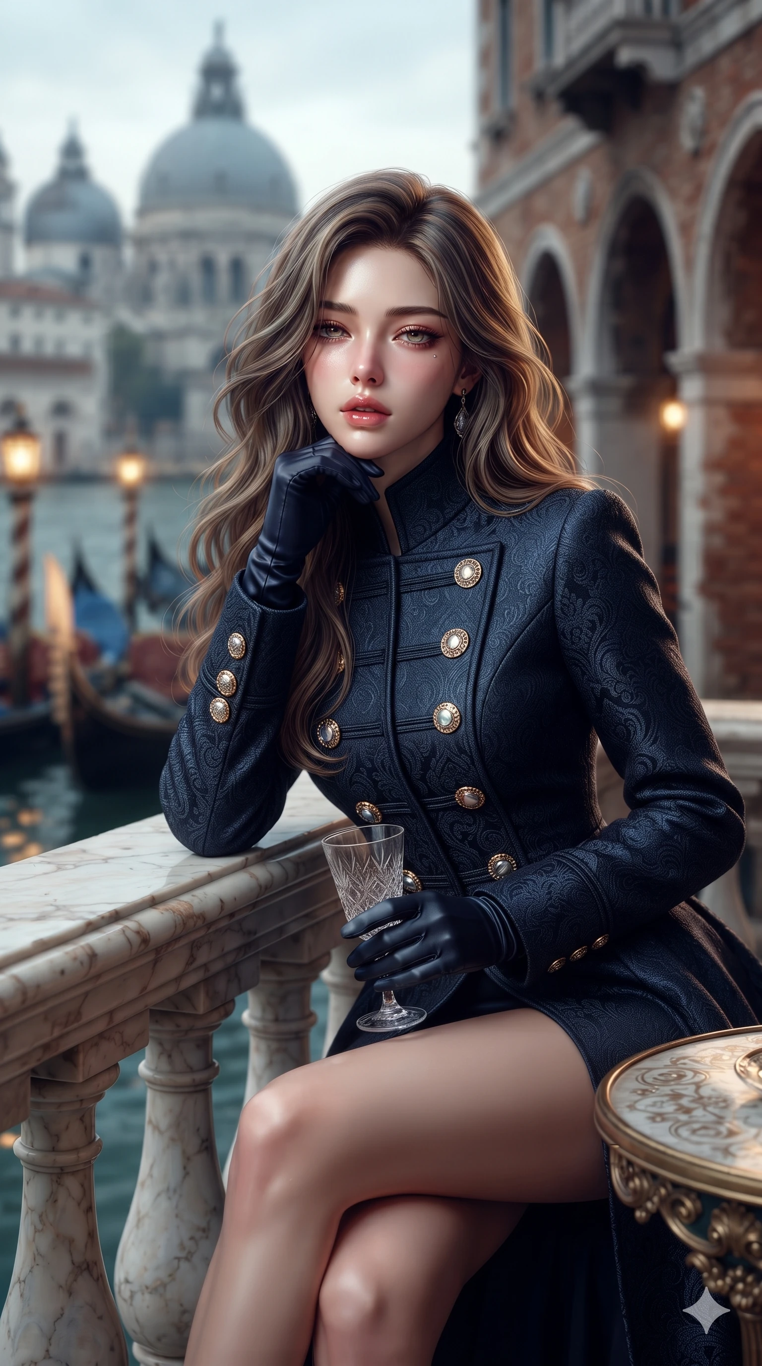 score_9, masterpiece, best quality, ultra-detailed, high-budget anime keyframe, editorial fashion photography, tasteful artistic composition, Korean woman. close-up cowboy shot from the waist and thighs up, the character dominates the composition, filling the frame with her large presence. resting one elbow on the table and supporting her chin, leaning close to the camera with heavy-lidded sparkling eyes and parted lips while sitting perched on the carved marble balustrade with legs crossed, her long slender limbs and statuesque 8.5-heads silhouette commanding the water gate. The composition keeps background elements in soft focus with creamy bokeh: lantern-lit gondola prows floating in the canal, weathered brick palazzo water arches, and distant church domes blurred into cobalt, aquamarine, and amber bokeh. She has an exceptionally elegant, slender, and willowy female figure with an ultra-slim waist, flat toned midriff, narrow ribcage, and sculpted feminine hips creating an alluring, slim hourglass silhouette without bulk. sharp v-shaped jawline, high-bridge nose, intricate jewel-like eyes with depth, thick eyelashes, glossy parted lips with a natural sheen, intensely captivating and seductive bedroom-eyes expression, flawlessly proportioned anatomical accuracy, strict slender model proportions, natural body alignment, perfectly sculpted long slender limbs, ultra-slim waistline, clean dynamic posture without body distortion. wearing a structured high-collar Victorian opera greatcoat in midnight navy wool with polished brass crest buttons in iridescent mother-of-pearl and liquid molten silver, woven from structured carbon-fiber jacquard with rich textural depth, accessorized with opera-length satin gloves and a vintage crystal glass, the bespoke structured tailoring following the natural line of her 8.5-heads silhouette with refined elegance. illuminated by water reflection bounce and sharp cyan-amber rim lights defining her jawline, narrow waist, and curvy hips. ultra-reflective glossy finish, specular highlights, rich textural contrasts, high-contrast stereoscopic depth, volumetric dynamic lighting, 2k, ultra detail, master piece, 9:16 ratio