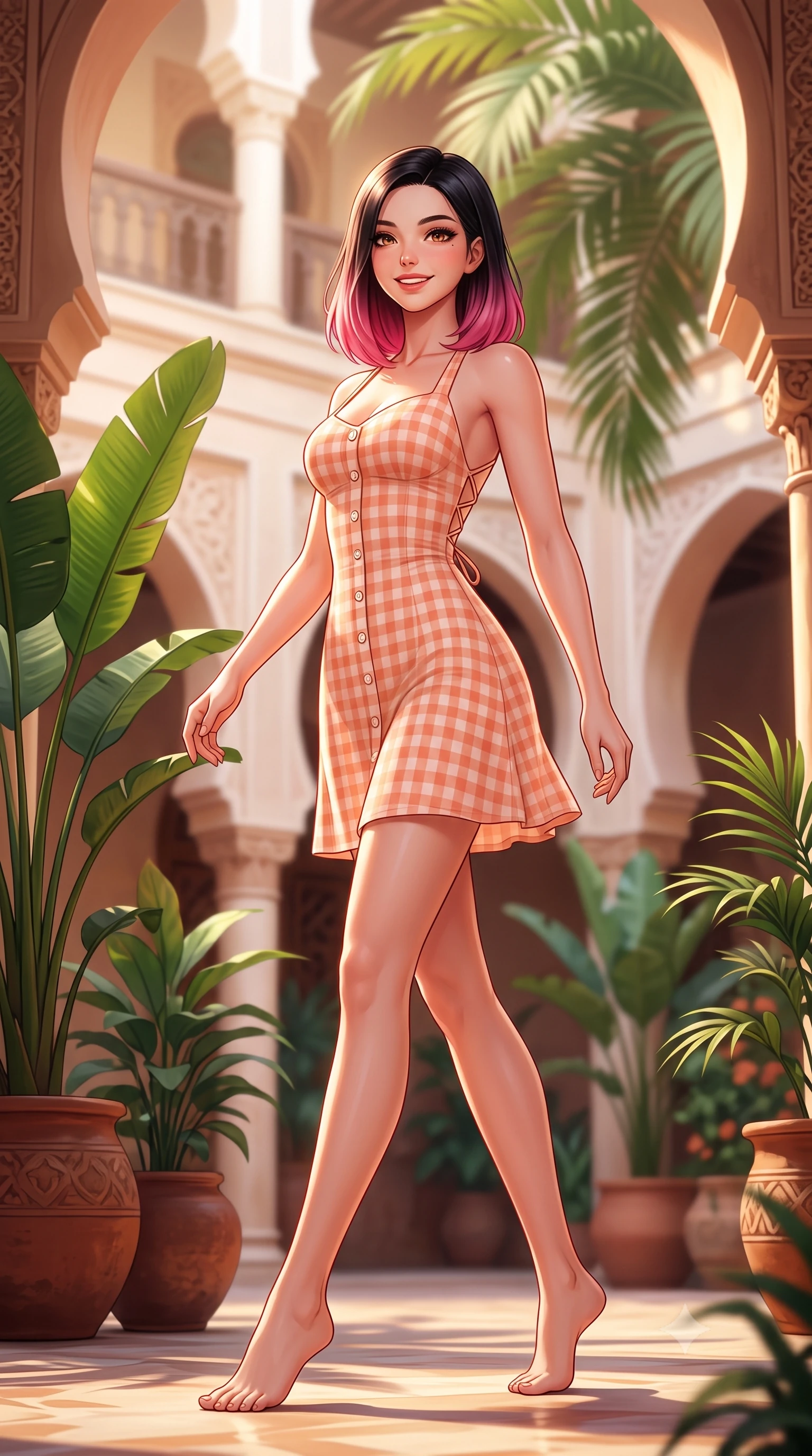 score_9, masterpiece, best quality, ultra-detailed, high-budget anime keyframe, semi-realistic 3D game render, editorial fashion photography, tasteful artistic composition, Korean woman. low angle full-body shot from head to toe showing her feet, filling the entire 9:16 vertical frame with her statuesque presence, stretching her vertical silhouette. stepping forward gracefully across the terrace in mid-motion with a radiant beaming smile, hips swaying in an alluring kinetic rhythm that accentuates her curvy hourglass silhouette and long slender legs while twisting her slender torso in an alluring S-curve between giant potted banana palms, her form-contouring resort wear accentuating her narrow waist. The composition keeps background elements in soft focus with dreamy creamy bokeh. ornate Moorish keyhole arches and soaring inner courtyard palm fronds blurred into jade, terracotta, and warm ochre bokeh. She has an exceptionally tall and slender model-like 8.5-heads proportion, an ultra-slim waist, a flat toned midriff, narrow delicate ribcage, and beautifully sculpted feminine hips creating a graceful, slim hourglass silhouette without any bulky heaviness, with impossibly long slender legs. sharp v-shaped jawline, high-bridge nose, sparkling amber-hazel eyes with depth, long lush eyelashes, glossy sun-kissed lips with a warm coral glaze, radiant teasing smile with sensual sunlit bedroom-eyes, exuding effortless old-money elegance and intoxicating sun-drenched allure, flawlessly proportioned anatomical accuracy, strict slender model proportions, natural body alignment, perfectly sculpted long slender limbs, ultra-slim waistline, clean dynamic posture without body distortion. wearing a backless lace-up gingham sundress in soft apricot with a form-fitting bodice and hip-defining silhouette in vibrant sunset coral and cloud white, crafted from fine lightweight breathable linen with an effortless natural drape, accented with neat front carved mother-of-pearl buttons, the form-contouring cut accentuating her sculpted flat midriff, narrow delicate ribcage, and gracefully curvy hips with sun-drenched supermodel elegance. bathed in warm ambient evening light filtering down into the tranquil open-air courtyard. highly saturated vibrant anime colors, detailed shading with soft gradients, rich glossy textures, high-contrast stereoscopic depth, volumetric dynamic lighting, master piece, 9:16 ratio
