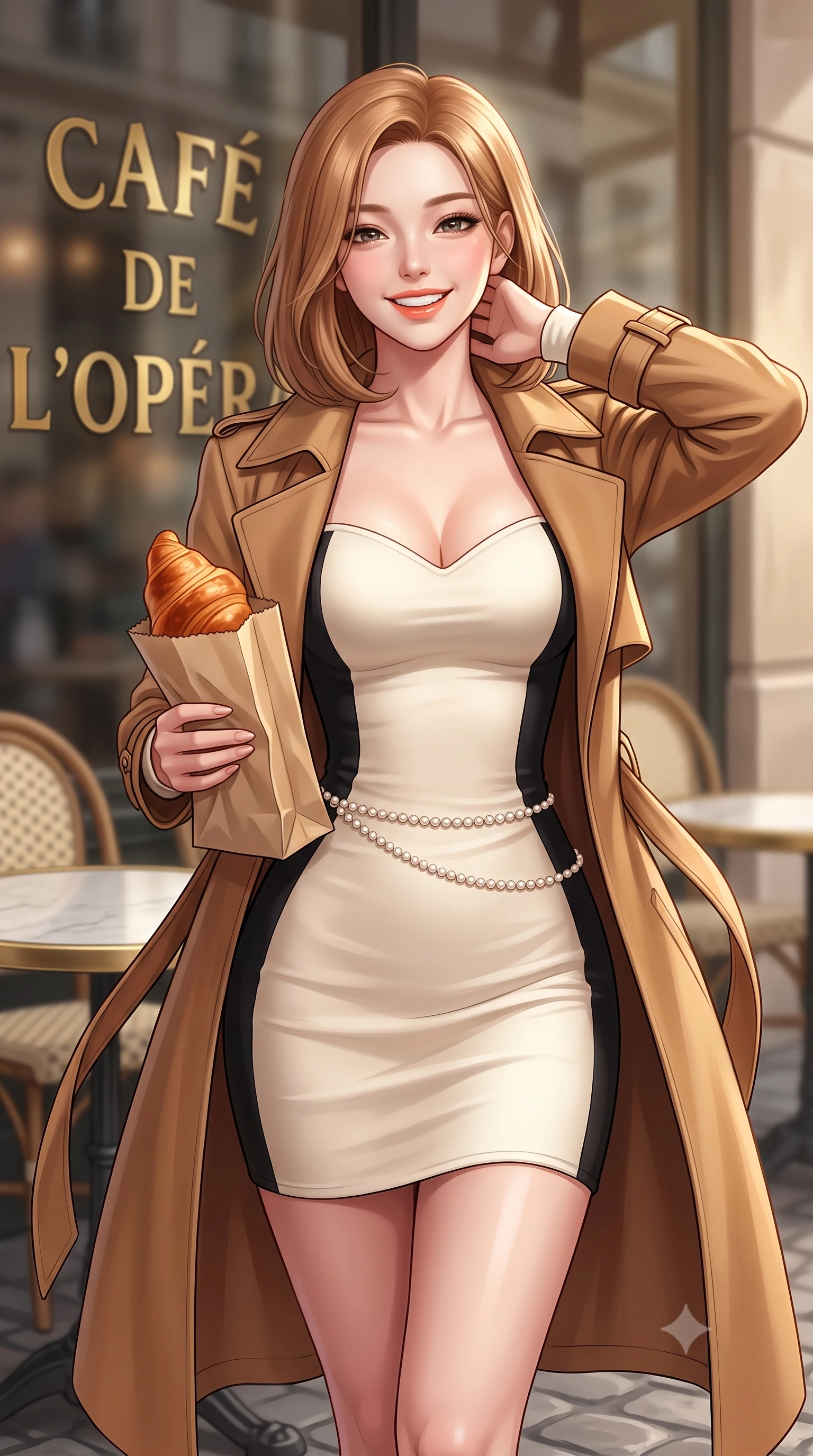 score_9, masterpiece, best quality, ultra-detailed, high-budget anime keyframe, semi-realistic 3D game render, editorial fashion photography, tasteful artistic composition, Korean woman. close-up cowboy shot from the waist and thighs up, the character dominates the composition, filling the frame with her large presence. resting one hand lightly behind her neck, arching her back with supermodel poise while beaming with an infectious radiant smile while walking out onto the cobblestone terrace holding a warm croissant bag, her belted trench coat framing her tall 8.5-heads silhouette. The background shows a soft-focus brass café lettering on glass softened in romantic Left Bank intellectual shallow focus. She has an exceptionally elegant, slender, and willowy female figure with an ultra-slim waist, flat toned midriff, narrow ribcage, and sculpted feminine hips creating an alluring, slim hourglass silhouette without bulk. sharp v-shaped jawline, high-bridge nose, intricate jewel-like sparkling eyes with depth, thick eyelashes, glossy parted lips with a natural peach sheen, bright cheerful beaming smile with an enchanting and coquettish sensual glint, exuding both youthful cute charm and seductive allure, flawlessly proportioned anatomical accuracy, strict slender model proportions, natural body alignment, perfectly sculpted long slender limbs, ultra-slim waistline, clean dynamic posture without body distortion. wearing a sculpted sweetheart-neckline knit bodycon dress with long fitted sleeves and an ultra-snug bodice in gilded ivory pearl and rich obsidian, woven from fluid liquid silk jersey that clings smoothly to her narrow waist and rounded hips with a dewy sheen, accented with a dainty pearl waist chain catching the ambient sunlight across her sculpted waistline, the form-contouring silhouette accentuating her sculpted flat midriff, narrow delicate ribcage, and gracefully curvy hips with intoxicating allure. illuminated by zinc counter and marble tabletop bounce with delicate platinum rim lights sculpting her features and slender waist. highly saturated vibrant anime colors, detailed shading with soft gradients, rich glossy textures, high-contrast stereoscopic depth, volumetric dynamic lighting, master piece, 9:16 ratio