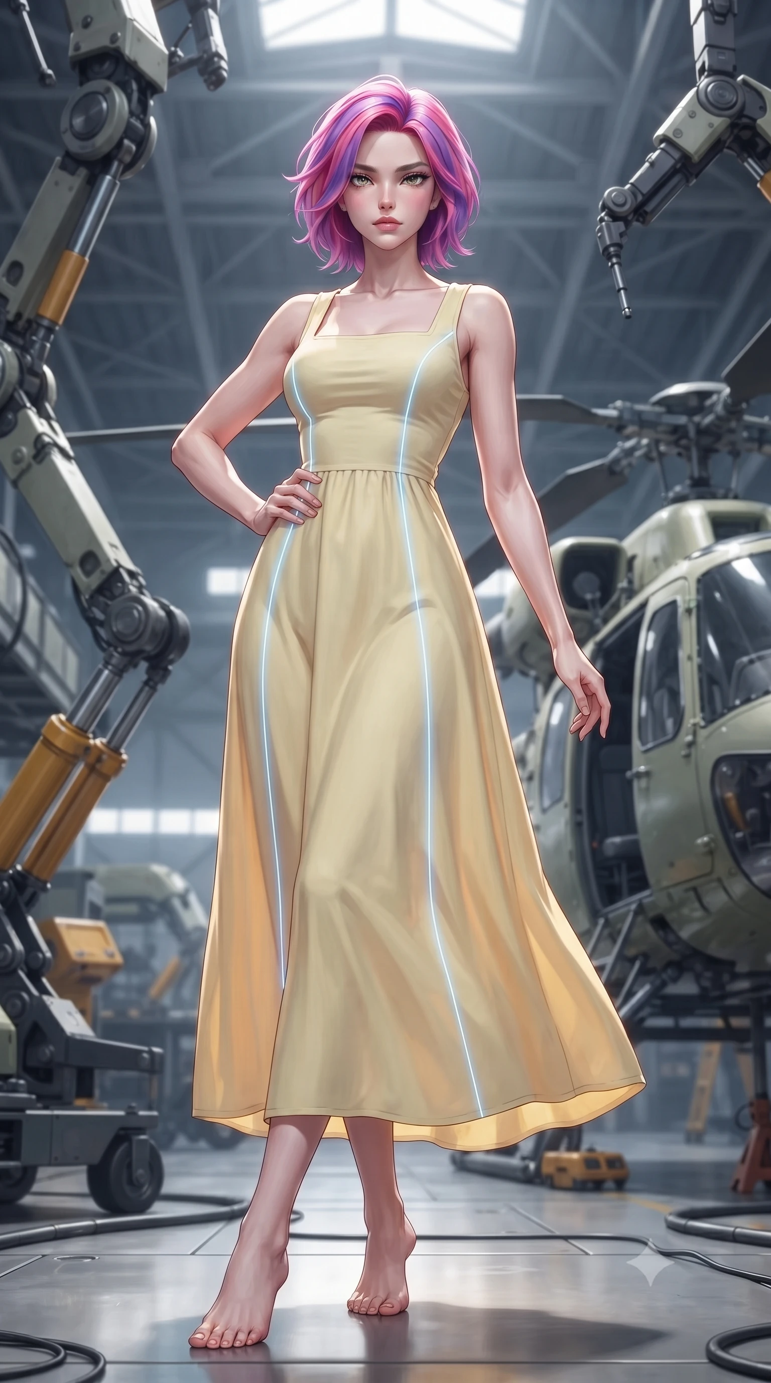 score_9, masterpiece, best quality, ultra-detailed, high-budget anime keyframe, editorial fashion photography, tasteful artistic composition, Caucasian woman. low angle full-body shot from head to toe showing her feet, filling the entire 9:16 vertical frame with her statuesque presence, stretching her vertical silhouette. posing confidently with one hand on her hip, stretching her statuesque body to emphasize her curves the background shows a soft-focus an automated repair bay with mechanical arms and helicopter parts in a hangar. She has an absolutely perfect, statuesque 8.5-heads proportion, an exceptionally tall and slender model-like female figure with impossibly long slender legs and an ultra-slim waist. sharp v-shaped jawline, high-bridge nose, intricate jewel-like eyes with depth, thick eyelashes, glossy lips with a natural sheen. wearing a slim-fit casual summer sundress in pale yellow cotton with a simple square neckline. glowing blue laser lines tracing her form with precision. ultra-reflective glossy finish, specular highlights, metallic sheen, high-contrast stereoscopic depth, volumetric dynamic lighting, 2k, ultra detail, master piece, 9:16 ratio