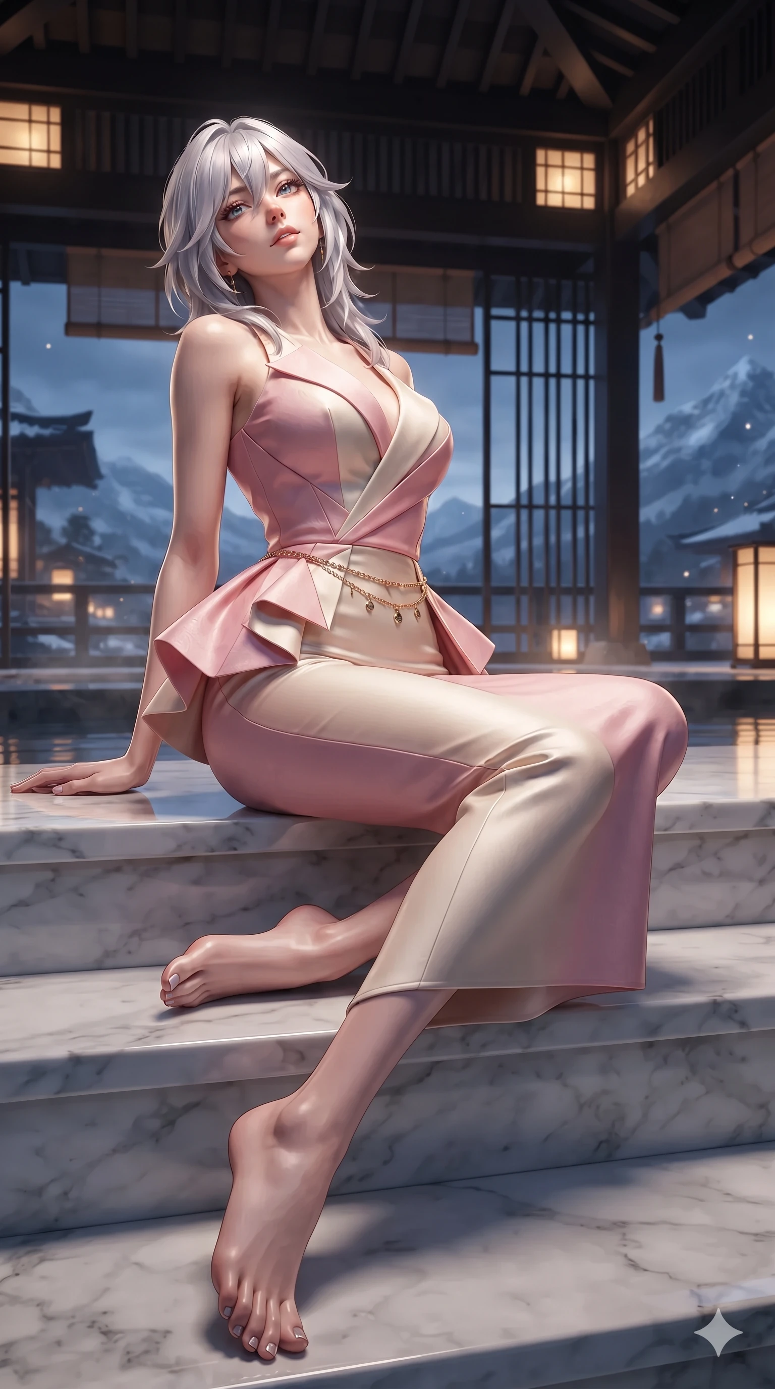 score_9, masterpiece, best quality, ultra-detailed, high-budget anime keyframe, editorial fashion photography, tasteful artistic composition, Japanese woman. low angle full-body shot from head to toe showing her feet, filling the entire 9:16 vertical frame with her statuesque presence, stretching her vertical silhouette. sitting poised on the Carrara marble steps with one knee bent, arching her spine with supermodel elegance as she glances upward through thick eyelashes while twisting her slender torso in an alluring contrapposto stance, warm water droplets and mineral glints sparkling across her flat midriff and hourglass curves. The surrounding environment is rendered in vivid detail and crisp panoramic clarity: intricate sheer vintage mesh dress tailoring, delicate chain belt accents, and high-altitude hot spring architecture in razor-sharp precision. She has an exceptionally tall and slender model-like 8.5-heads proportion, an ultra-slim waist, a flat toned midriff, narrow delicate ribcage, and beautifully sculpted feminine hips creating a graceful, slim hourglass silhouette without any bulky heaviness, with impossibly long slender legs. sharp v-shaped jawline, high-bridge nose, intricate jewel-like sparkling eyes with depth, thick eyelashes, glossy parted lips with a natural sheen, intensely captivating and seductive bedroom-eyes expression, exuding both youthful cute charm and sovereign luxury allure, flawlessly proportioned anatomical accuracy, strict slender model proportions, natural body alignment, perfectly sculpted long slender limbs, ultra-slim waistline, clean dynamic posture without body distortion. wearing a structural geometric peplum gown with sheer side-ribbon cutouts and form-fitting skirt in sakura blossom pink and warm ivory, woven from buttery-soft stretch lambskin leather adhering to her body like a second skin, accented with a delicate gold chain belt resting loosely on her curvy hips, the form-contouring cut accentuating her sculpted flat midriff, narrow delicate ribcage, and gracefully curvy hips with intoxicating allure. bathed in the warm, moody ambient light of concealed rock-recessed spotlights combined with the soft silver glow of the moon. ultra-reflective glossy finish, specular highlights, rich textural contrasts, high-contrast stereoscopic depth, volumetric dynamic lighting, 2k, ultra detail, master piece, 9:16 ratio