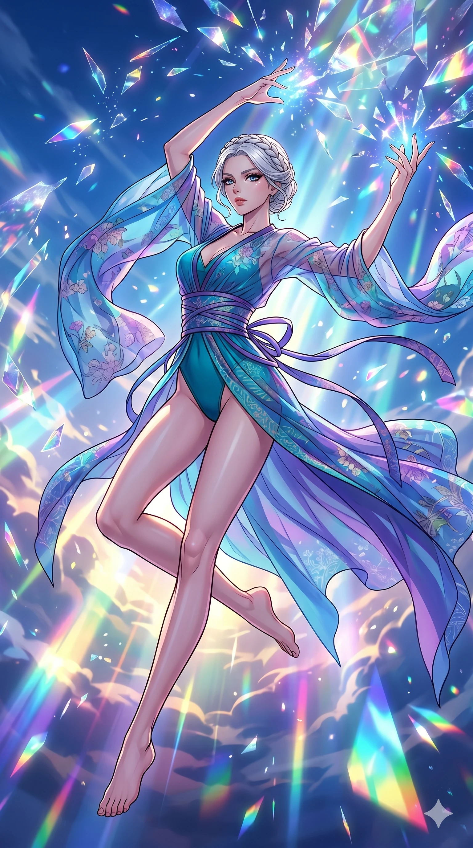 score_9, masterpiece, best quality, ultra-detailed, high-budget anime movie keyframe, cinematic anime lighting, intricate line art, Japanese woman. Mid-air action shot capturing a graceful twist and vertical silhouette. casting a spell that shatters the sky into fragments of light. She has an absolutely perfect 8-heads proportion, an exceptionally tall and slender female figure with an ultra-slim waist and impossibly long slender legs. strictly human anatomy, two legs only, no extra limbs, clearly defined legs and arms, perfect anatomy, perfect hands and fingers. sharp v-shaped jawline, high-bridge nose, intricate jewel-like eyes, thick eyelashes, glossy lips. Wearing Seasonal/Resort: High-cut one-piece with sarong, linen sundress with tie-back, and sheer fabric wrap. The scene is illuminated by dramatic atmospheric lighting and vibrant color palettes. , 2k, ultra detail, master piece, 9:16 ratio