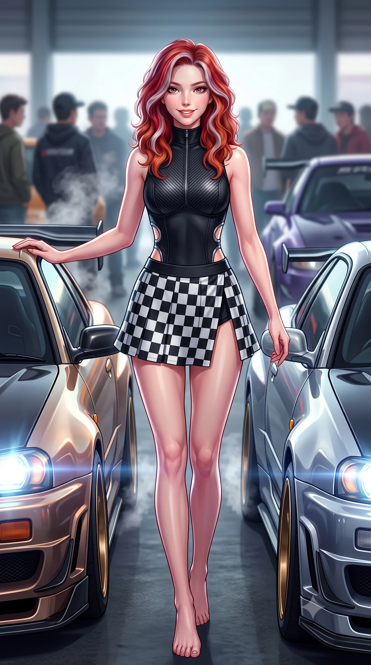 score_9, masterpiece, best quality, ultra-detailed, high-budget anime keyframe, semi-realistic 3D game render, editorial fashion photography, tasteful artistic composition, Caucasian woman. low angle full-body shot from head to toe showing her feet, filling the entire 9:16 vertical frame with her statuesque presence, stretching her vertical silhouette. standing in a tall, confident posture with one hand on the sports car roof, stretching her statuesque body as she arches her lower back to emphasize her sculpted feminine hips and slender waist while walking slowly down the row of roaring tuned engines with sovereign swagger, her long slender legs and hourglass curves commanding the car meet. The background shows a soft-focus steaming exhausts and crowds of car enthusiasts softened in iconic Japanese car-culture shallow focus. She has an absolutely perfect, statuesque 8.5-heads proportion, an exceptionally tall and slender model-like female figure with impossibly long slender legs, an ultra-slim waist, a flat toned midriff, narrow delicate ribcage, and beautifully sculpted feminine hips creating a graceful, slim hourglass silhouette without any bulky heaviness. sharp v-shaped jawline, high-bridge nose, sparkling eyes with athletic focus and depth, thick curled eyelashes, glossy parted lips with a natural coral-peach sheen, bright confident and coquettish smile with alluring bedroom-eyes, exuding both youthful sporty vigor and sovereign high-society glamour, flawlessly proportioned anatomical accuracy, strict slender model proportions, natural body alignment, perfectly sculpted long slender limbs, ultra-slim waistline, clean dynamic posture without body distortion. wearing a sleeveless high-collar racing bodysuit with carbon-fiber chestplate accents and a pleated wrap tennis skirt with side hip slit in matte obsidian black and checkered flag white, made of smooth liquid-tight stretch jersey emphasizing every curve of her body, finished with sharp laser-cut side ventilation cutouts framed by chrome rings, the high-waisted wrap tailoring accentuating her ultra-slim waistline and the enchanting curve of her feminine hips with alluring sporty charm. illuminated by high-beam headlight flares and sharp chrome rim lights sculpting her razor-sharp jawline, narrow waist, and curvy hips. highly saturated vibrant anime colors, detailed shading with soft gradients, rich glossy textures, high-contrast stereoscopic depth, volumetric dynamic lighting, master piece, 9:16 ratio
