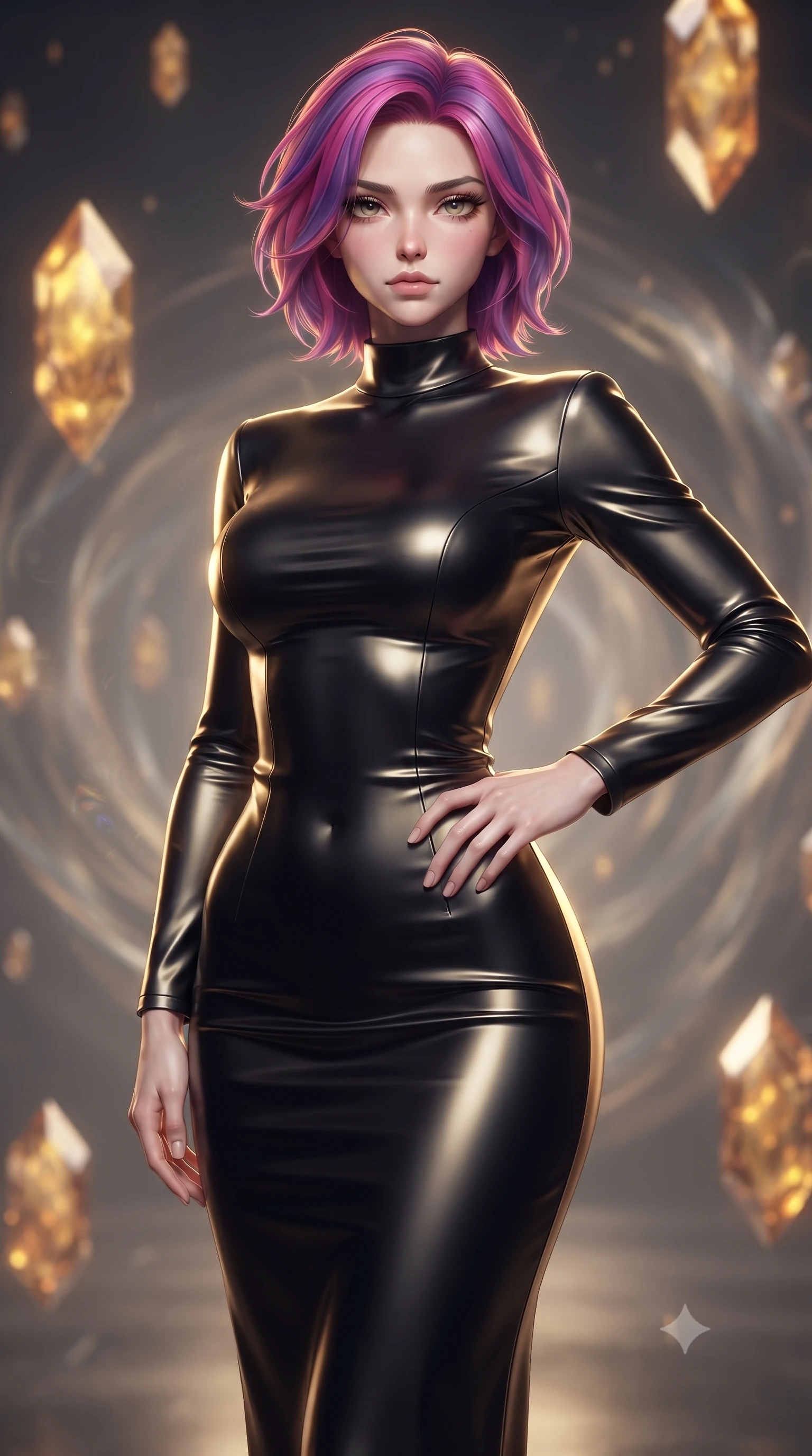 score_9, masterpiece, best quality, ultra-detailed, high-budget anime keyframe, editorial fashion photography, tasteful artistic composition, Caucasian woman woman. close-up cowboy shot from the waist and thighs up, the character dominates the composition, filling the frame with her large presence, background elements kept in soft focus. She has an exceptionally elegant, slender, and willowy female figure with an ultra-slim waist, a gracefully sculpted slender torso, and a refined silhouette. casting a slow, direct gaze beneath heavy lashes with magnetic intensity, flawlessly proportioned anatomical accuracy, natural body alignment, perfectly sculpted elegant limbs, clean dynamic posture without body distortion. set against a soft-focus background of a temporal corridor with floating amber time crystals. wearing a sleek obsidian liquid silk midi dress with a tight tailored waistline. bathed in golden temporal energy flares casting dramatic volumetric rim lighting. ultra-reflective glossy finish, specular highlights, metallic sheen, high-contrast stereoscopic depth, volumetric dynamic lighting, 2k, ultra detail, master piece, 9:16 ratio