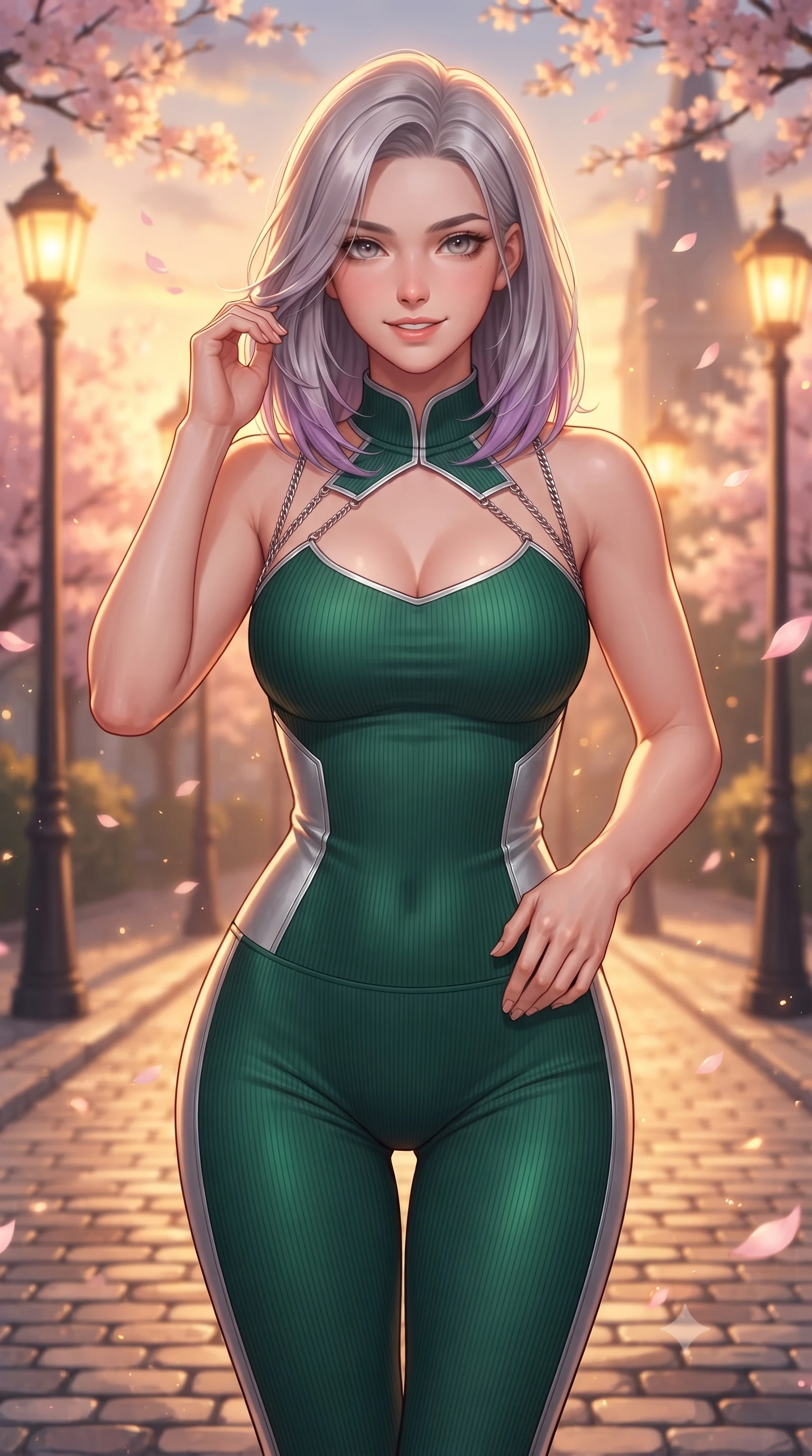 score_9, masterpiece, best quality, ultra-detailed, high-budget anime keyframe, editorial fashion photography, tasteful artistic composition, Caucasian woman. close-up cowboy shot from the waist and thighs up, the character dominates the composition, filling the frame with her large presence, background elements kept in soft focus. Smiling with quiet, magnetic self-assurance directly into the lens stepping along a cobblestone academy path flanked by glowing streetlamps, fluttering cherry blossom petals catching warm golden sunset highlights. She has an exceptionally elegant, slender, and willowy female figure with an ultra-slim waist, a gracefully sculpted slender torso, and a refined silhouette. sharp v-shaped jawline, high-bridge nose, intricate jewel-like eyes with depth, thick eyelashes, glossy lips with a natural sheen. wearing a form-fitting ribbed activewear set with collar cutouts in deep emerald green and silver accent, formed from sleek second-skin neoprene, adorned with delicate metallic chain straps along the neckline, the tailored fabric tightly following every curve of her athletic build. bathed in brilliant golden hour sunset rays and warm amber ambient light. highly saturated vibrant anime colors, detailed shading with soft gradients, rich glossy textures, high-contrast stereoscopic depth, volumetric dynamic lighting, master piece, 9:16 ratio