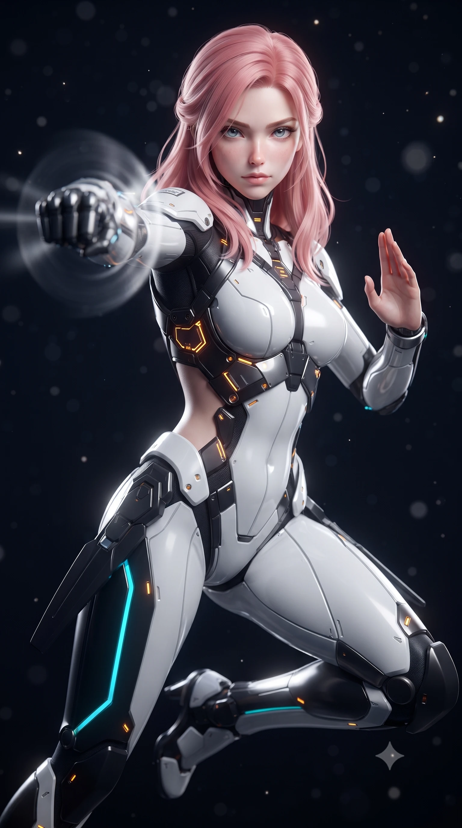 score_9, masterpiece, best quality, ultra-detailed, high-budget anime keyframe, editorial fashion photography, tasteful artistic composition, Japanese woman. close-up cowboy shot from the waist and thighs up, the character dominates the composition, filling the frame with her large presence. thrusting a high-speed kinetic punch toward the camera, a visible conical shockwave distortion wrapping around her sleek carbon forearm while hovering weightlessly with one palm extended in a calm Panzer Kunst guard stance, gazing into the lens with divine focus. The composition keeps background elements in soft focus with creamy bokeh. distant starlight and solar flare rays scattering soft glowing light motes across a deep space backdrop. She has an exceptionally elegant, slender, and willowy female figure with an ultra-slim waist, a gracefully sculpted slender torso, toned flat midriff, and a refined slim silhouette. sharp v-shaped jawline, high-bridge nose, intricate jewel-like eyes with depth, thick eyelashes, glossy lips with a natural sheen, flawlessly proportioned anatomical accuracy, strict slender model proportions, natural body alignment, perfectly sculpted long slender limbs, ultra-slim waistline, clean dynamic posture without body distortion. wearing a high-contrast monochrome white-and-black carbon-composite exoskeleton suit with glowing amber circuitry and aerodynamic limb fins in matte obsidian carbon black with electric cyan conduits, made of lightweight aerodynamic carbon-titanium alloy with polished edge bevels, complemented by criss-cross back harness straps highlighting her completely bare spine, the precision-cut daring openings accentuating her delicate midriff, graceful bare collarbones, and ultra-slim feminine waistline. illuminated by crisp white key light and sharp specular highlights tracing her ultra-slim waist and long legs. ultra-reflective glossy finish, specular highlights, dark metallic sheen, high-contrast stereoscopic depth, volumetric dynamic lighting, 2k, ultra detail, master piece, 9:16 ratio