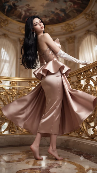 score_9, masterpiece, best quality, ultra-detailed, high-budget anime keyframe, editorial fashion photography, tasteful artistic composition, Korean woman. low angle full-body shot from head to toe showing her feet, filling the entire 9:16 vertical f