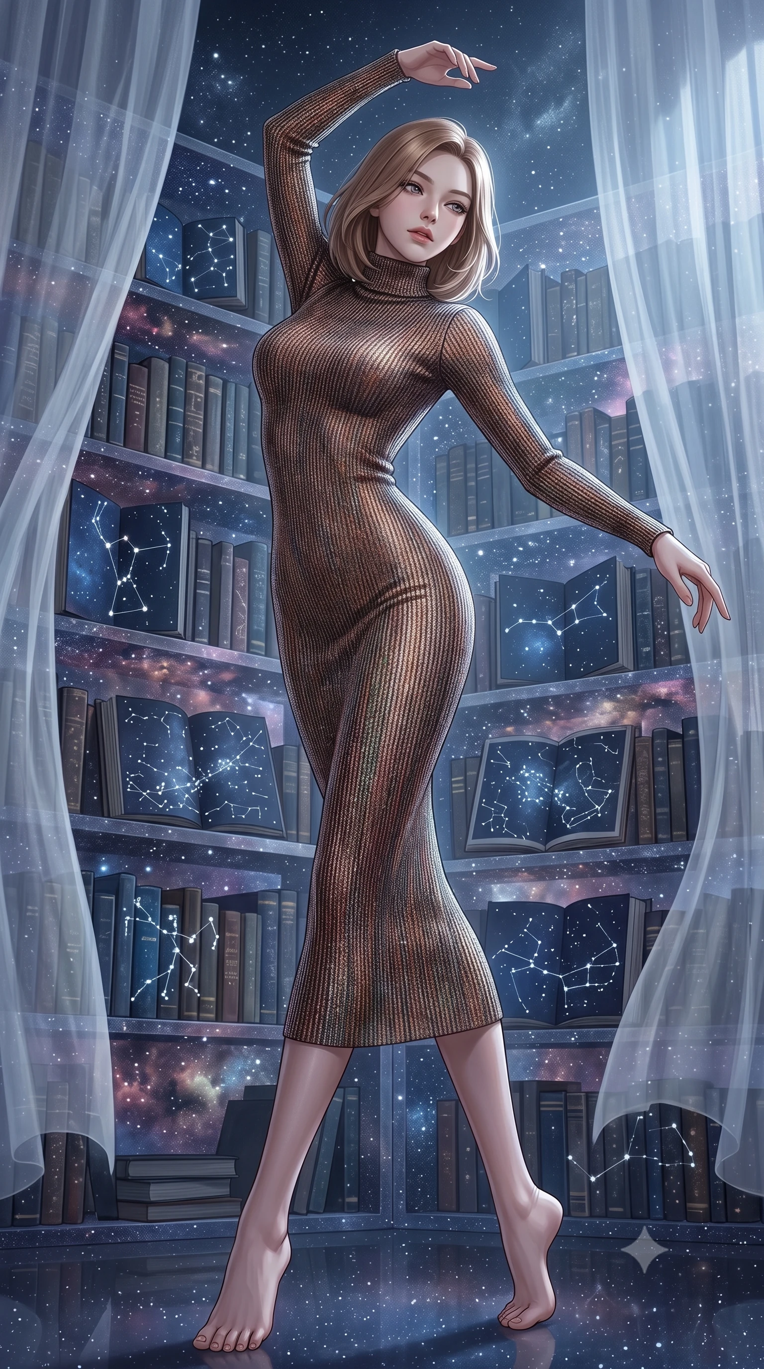 score_9, masterpiece, best quality, ultra-detailed, high-budget anime keyframe, editorial fashion photography, tasteful artistic composition, Korean woman. low angle full-body shot from head to toe showing her feet, filling the entire 9:16 vertical frame with her statuesque presence, stretching her vertical silhouette. dancing with weightless grace through an impossible library where living star charts serve as pages in books of dark matter the constellation figures physically moving along bookshelves made of compressed starlight and nebula dust. She has a statuesque 8.5-heads proportion, an exceptionally tall, slender and willowy model-like build with impossibly long legs and a highly sculpted ultra-slim waist. sharp v-shaped jawline, high-bridge nose, intricate jewel-like eyes with depth, thick eyelashes, glossy lips with a natural sheen. wearing a long-sleeve fitted turtleneck dress in a shimmering multi-colored bronze metallic knit, tracing every line of her slender form. cold silver moonlight filtered through translucent gossamer curtains casting delicate shadows. 2k, ultra detail, master piece, 9:16 ratio