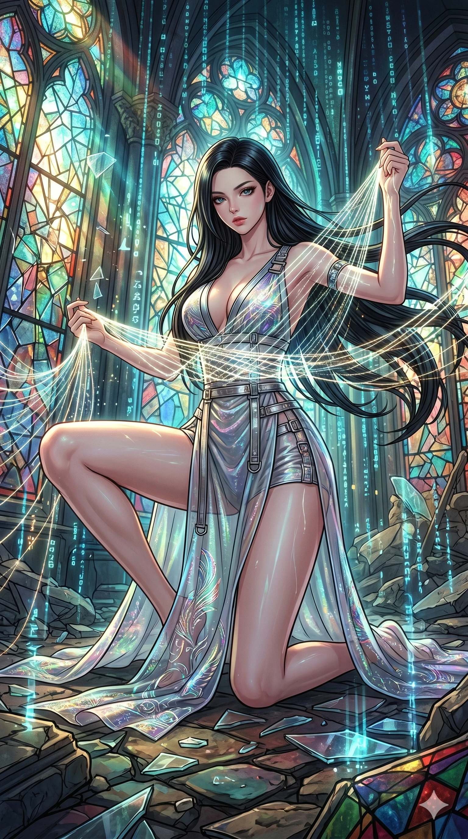 score_9, masterpiece, best quality, ultra-detailed, high-budget anime movie keyframe, cinematic anime lighting, intricate line art, Japanese woman. Low angle cowboy shot filling the entire 9:16 frame with her statuesque presence. weaving threads of light in a shattered stained glass cathedral with holographic rain. She has an absolutely perfect 8-heads proportion, an exceptionally tall and slender female figure with an ultra-slim waist and impossibly long slender legs. sharp v-shaped jawline, high-bridge nose, intricate jewel-like eyes, thick eyelashes, glossy lips. Wearing modernized deep-plunging silk hanbok-fusion with metallic straps, a high-slit sheer skirt over micro-shorts, and holographic embroidered patterns. The scene is illuminated by dramatic atmospheric lighting and vibrant color palettes. , 2k, ultra detail, master piece, 9:16 ratio