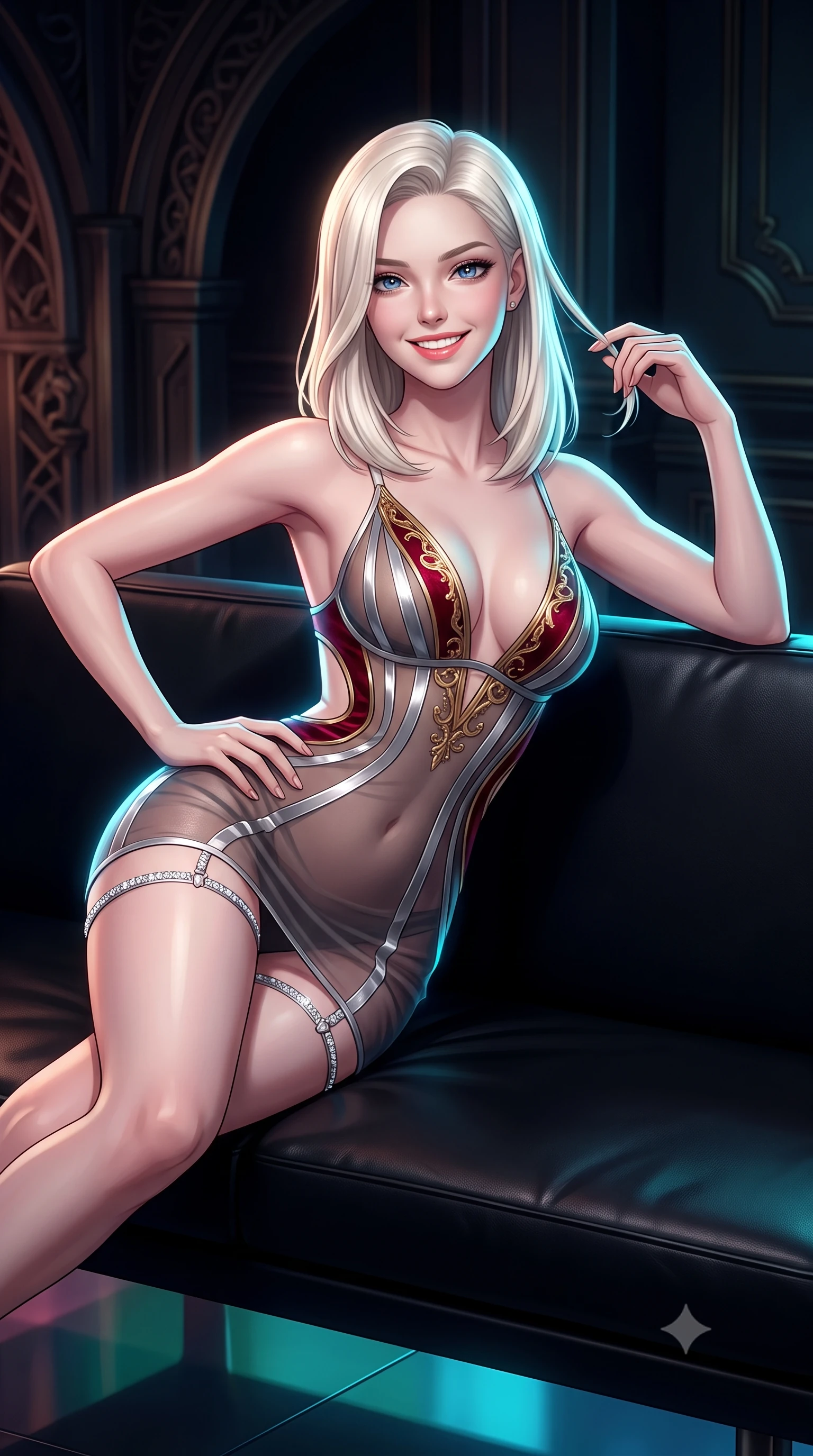 score_9, masterpiece, best quality, ultra-detailed, high-budget anime keyframe, editorial fashion photography, tasteful artistic composition, Caucasian woman. close-up cowboy shot from the waist and thighs up, the character dominates the composition, filling the frame with her large presence. twisting her slender torso in an alluring contrapposto stance, one hand resting on her sculpted hip while her fingers toy with her hair with effortless poise while lounging gracefully across the minimalist black leather settee propped on one elbow with legs extended, displaying her long slender limbs and statuesque hourglass silhouette. The surrounding environment is rendered in vivid detail and crisp panoramic clarity: detailed bespoke tailoring, liquid fabric textures, and extreme-depth abyssal engineering in razor-sharp precision. She has an exceptionally elegant, slender, and willowy female figure with an ultra-slim waist, flat toned midriff, narrow ribcage, and sculpted feminine hips creating an alluring, slim hourglass silhouette without bulk. sharp v-shaped jawline, high-bridge nose, intricate jewel-like sparkling eyes with depth, thick eyelashes, glossy parted lips with a natural peach sheen, bright cheerful beaming smile with an enchanting and coquettish sensual glint, exuding both youthful cute charm and seductive allure, flawlessly proportioned anatomical accuracy, strict slender model proportions, natural body alignment, perfectly sculpted long slender limbs, ultra-slim waistline, clean dynamic posture without body distortion. wearing a plunge-front sheer illusion tulle slip dress with liquid platinum ribbon stripes hugging her curves in Cyber-Baroque gilded gold and royal crimson velvet, woven from fine semi-opaque stretch illusion mesh tracing her slender contours, finished with delicate crystal-encrusted thigh garter straps glinting in the dim light, the precision-cut side openings and low-back scoop framing her graceful spine and the sensual sweep of her slim, toned hips. illuminated by acrylic floor reflection bounce and sharp sapphire-cyan rim lights sculpting her razor-sharp jawline, narrow waist, and curvy hips. ultra-reflective glossy finish, specular highlights, rich textural contrasts, high-contrast stereoscopic depth, volumetric dynamic lighting, 2k, ultra detail, master piece, 9:16 ratio