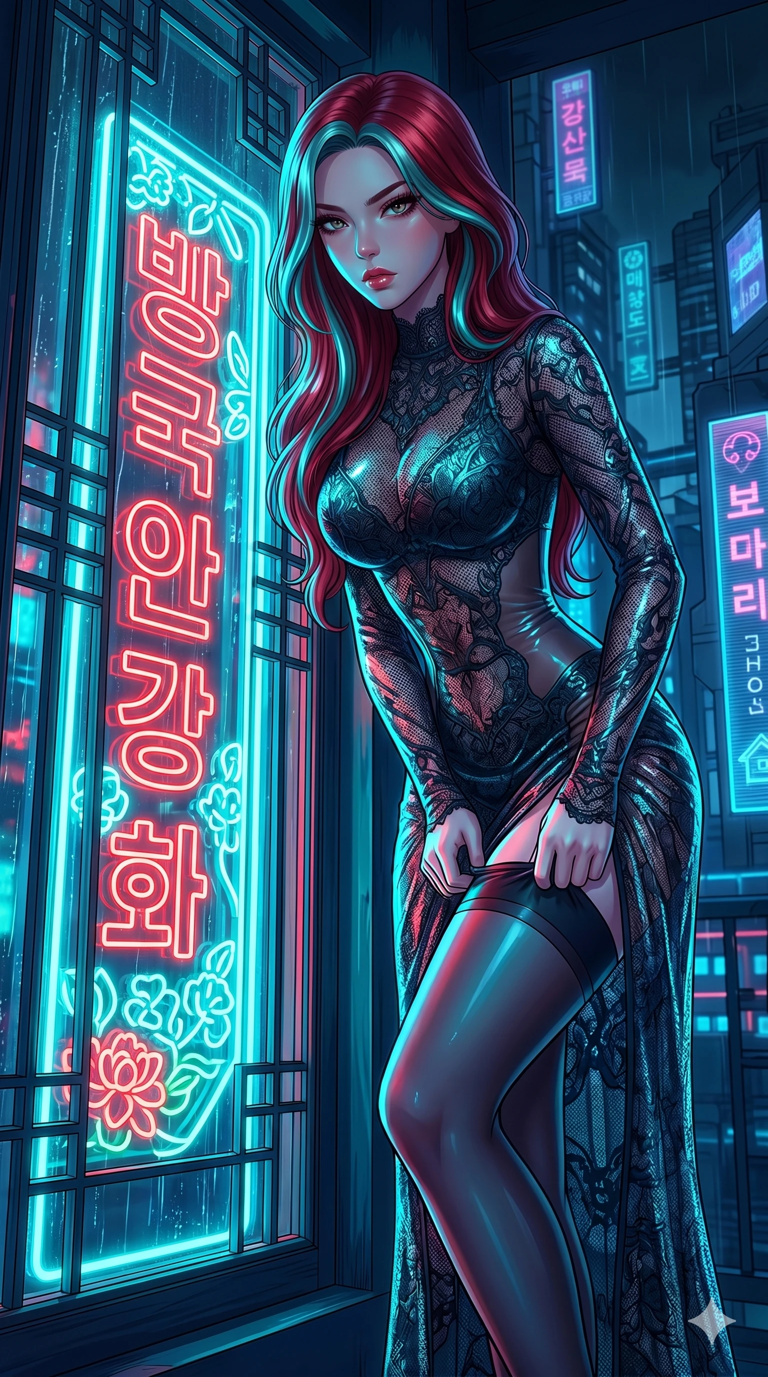 score_9, masterpiece, best quality, ultra-detailed, High-budget Anime Keyframe, East Asian woman. Low angle cowboy shot filling the entire 9:16 frame with her statuesque presence. Scenario 277: Adjusting her thigh-high stocking by a glowing neon window. Her presence is magnetic and overpowering in this high-budget anime scene. Outfit 277: A micro-mesh lace long with a sheer panels and wet-look texture. The clothing is designed to emphasize her exceptionally tall and slender 8-heads proportion. 8-heads proportion, towering silhouette, ultra-slim waist. sharp v-shaped jawline, intricate jewel-like eyes with depth, thick eyelashes, glossy lips. 2k, ultra detail, master piece, 9:16 ratio
