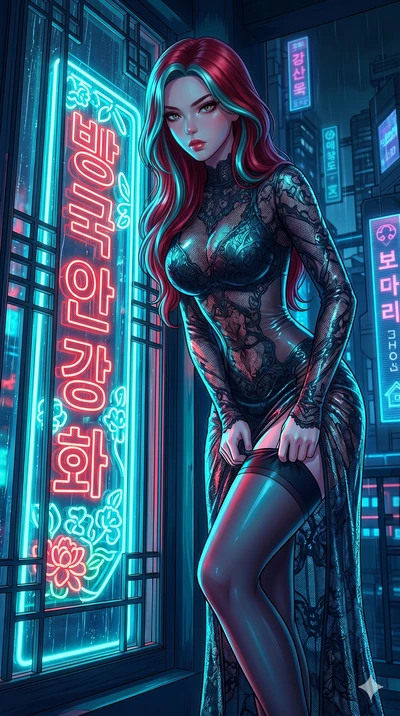 score_9, masterpiece, best quality, ultra-detailed, High-budget Anime Keyframe, East Asian woman. Low angle cowboy shot filling the entire 9:16 frame with her statuesque presence. Scenario 277: Adjusting her thigh-high stocking by a glowing neon wind