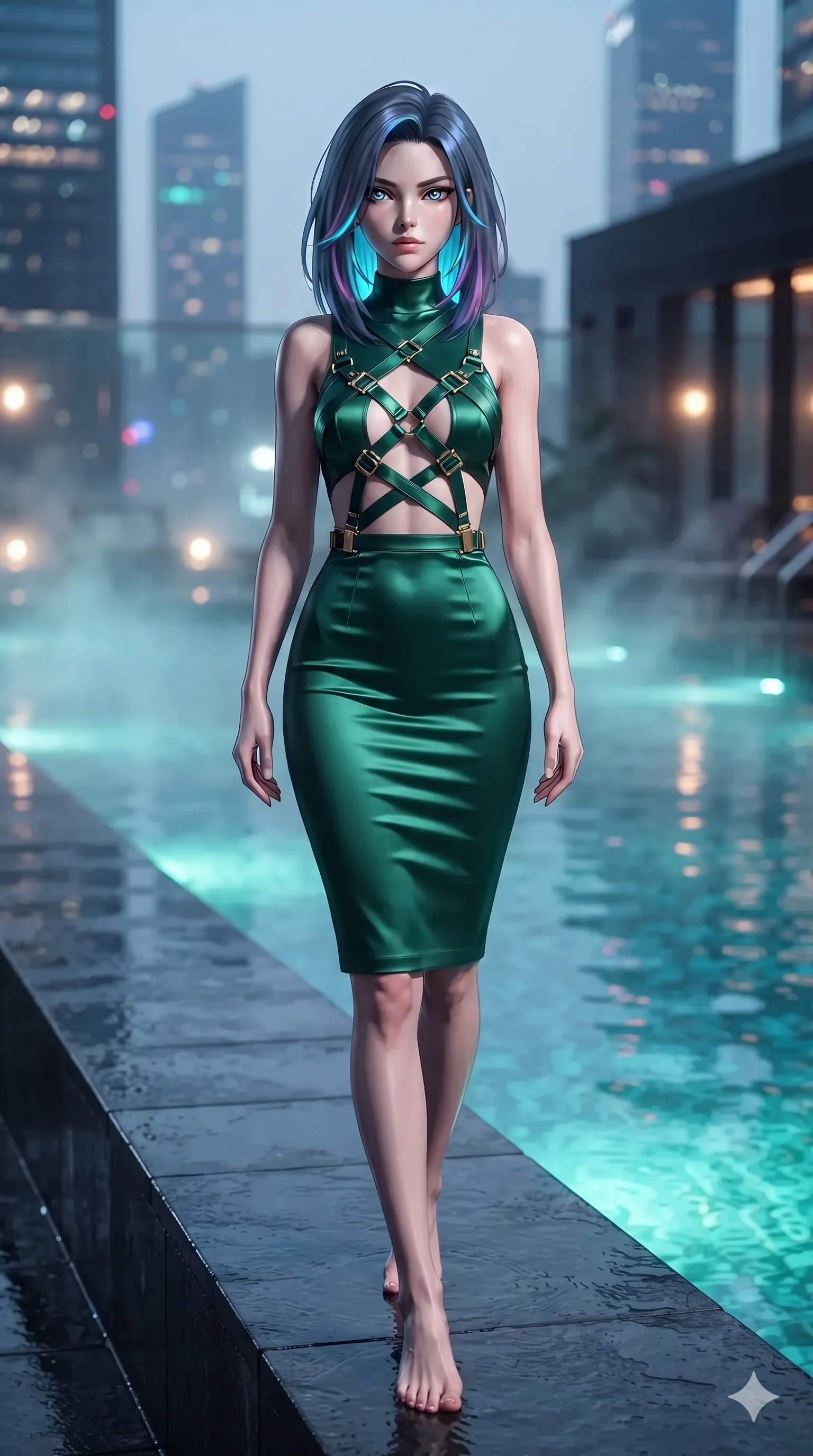 score_9, masterpiece, best quality, ultra-detailed, high-budget anime keyframe, editorial fashion photography, tasteful artistic composition, Caucasian woman. low angle full-body shot from head to toe showing her feet, filling the entire 9:16 vertical frame with her statuesque presence, stretching her vertical silhouette. stepping slowly toward the camera with hypnotic grace, hips swaying in an alluring sensual rhythm that accentuates her curvy hourglass silhouette and long slender legs while twisting her slender torso in an alluring S-curve on the wet basalt ledge, glowing turquoise pool illumination and neon reflections tracing her silhouette. The background shows a soft-focus mineral steam haze softened in rooftop geothermal pool shallow focus. She has an exceptionally tall and slender model-like 8.5-heads proportion, an ultra-slim waist, a flat toned midriff, narrow delicate ribcage, and beautifully sculpted feminine hips creating a graceful, slim hourglass silhouette without any bulky heaviness, with impossibly long slender legs. sharp v-shaped jawline, high-bridge nose, intricate jewel-like sparkling eyes with depth, thick eyelashes, glossy parted lips with a natural sheen, intensely captivating and seductive bedroom-eyes expression, exuding both youthful cute charm and sovereign luxury allure, flawlessly proportioned anatomical accuracy, strict slender model proportions, natural body alignment, perfectly sculpted long slender limbs, ultra-slim waistline, clean dynamic posture without body distortion. wearing a glove-like stretch lambskin leather sheath dress accentuating her ultra-slim waistline without bulk in deep emerald green satin and gold hardware accents, woven from high-density tech-wool with subtle metallic thread weave, featuring an open-back criss-cross harness strap in dark leather, the impeccably tailored cut draping gracefully along her slender figure with aristocratic poise. bathed in the radiant underwater turquoise glow of the thermal pool mixed with ambient city neon from the surrounding skyline. ultra-reflective glossy finish, specular highlights, rich textural contrasts, high-contrast stereoscopic depth, volumetric dynamic lighting, 2k, ultra detail, master piece, 9:16 ratio