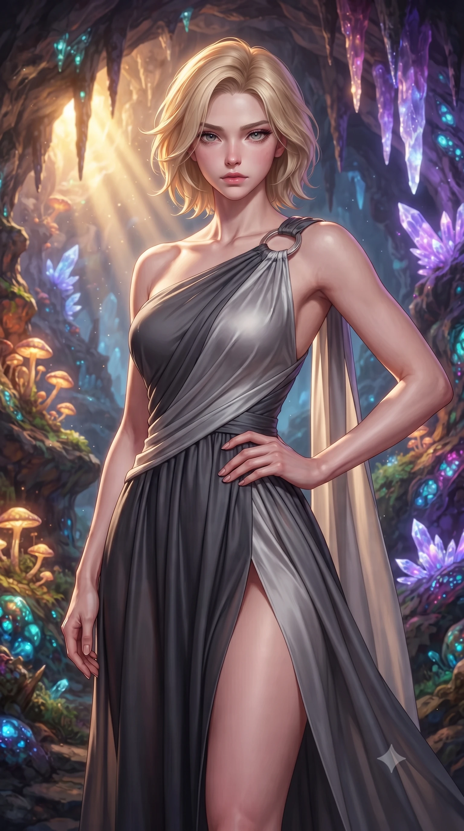 score_9, masterpiece, best quality, ultra-detailed, high-budget anime keyframe, editorial fashion photography, tasteful artistic composition, Caucasian woman. close-up cowboy shot from the waist and thighs up, the character dominates the composition, filling the frame with her large presence, background elements kept in soft focus. Holding a confident power pose with one hand on her hip, gazing directly into the camera with quiet intensity navigating a cavern filled with bioluminescent fungi and crystalline stalactites, bioluminescent opal veins pulsing softly in the surrounding stone walls. She has an exceptionally elegant, slender, and willowy female figure with an ultra-slim waist, a gracefully sculpted slender torso, and a refined silhouette. sharp v-shaped jawline, high-bridge nose, intricate jewel-like eyes with depth, thick eyelashes, glossy lips with a natural sheen. wearing an asymmetrical Grecian draped chiffon gown with a metallic shoulder ring in charcoal grey and platinum, crafted from smooth liquid silk, finished with a sleek side slit ascending to mid-thigh, the elegant draped fit framing her graceful clavicle and slender torso. lit by warm golden sunlight colliding with cool violet crystal illumination. highly saturated vibrant anime colors, detailed shading with soft gradients, rich glossy textures, high-contrast stereoscopic depth, volumetric dynamic lighting, master piece, 9:16 ratio