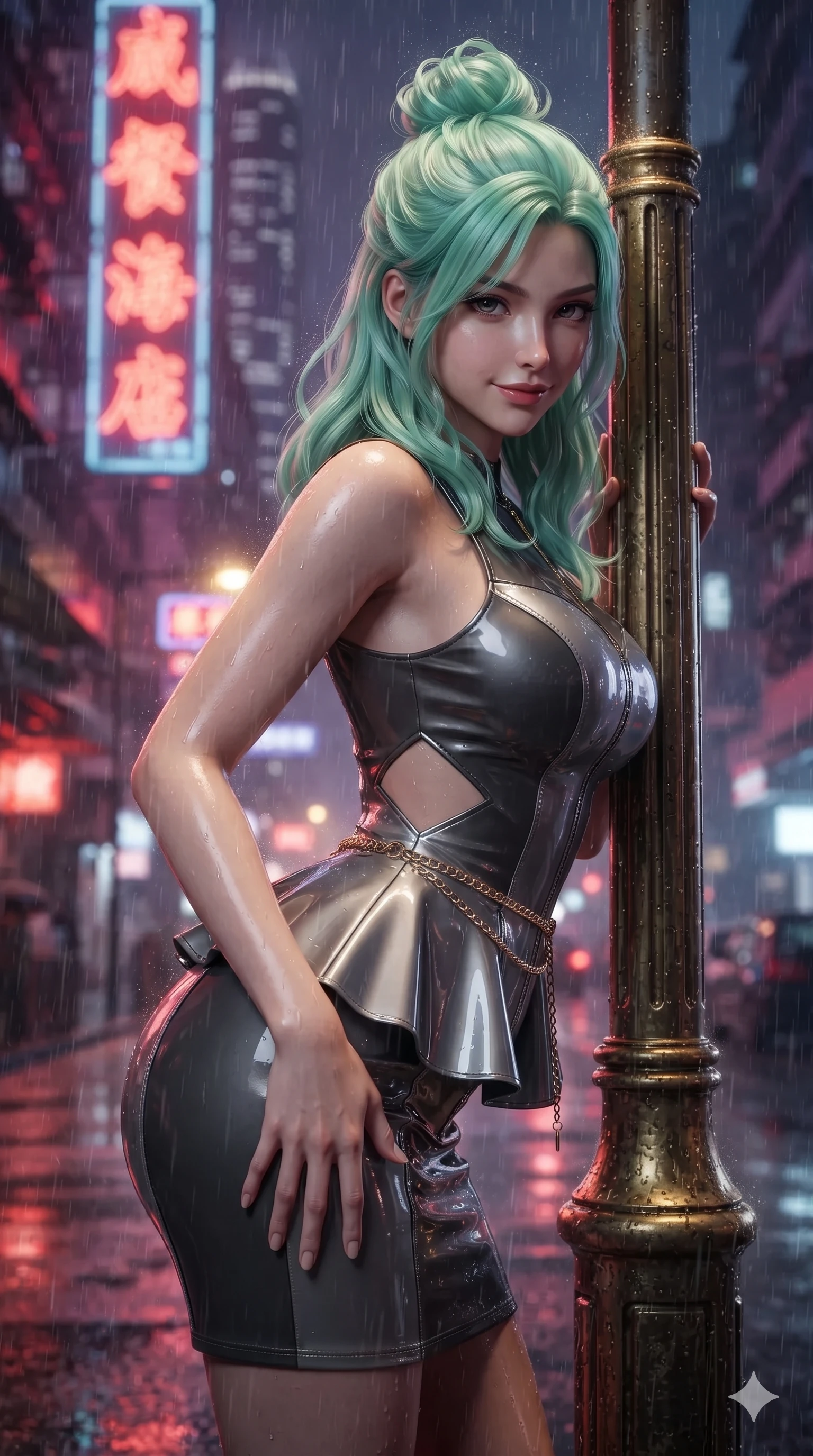 score_9, masterpiece, best quality, ultra-detailed, high-budget anime keyframe, editorial fashion photography, tasteful artistic composition, Japanese woman. close-up cowboy shot from the waist and thighs up, the character dominates the composition, filling the frame with her large presence. tilting her head with a teasing half-smile, running one hand slowly down the side of her hip in a flirtatious S-curve as ambient light caresses her silhouette while leaning against the illuminated esplanade lamp post with hips cocked back, looking through rain-streaked air with heavy-lidded seductive eyes. The background shows a soft-focus colossal vertical neon Chinese character signs, illuminated skyscrapers, and dense flying rain mist blurred into scarlet, violet, and obsidian bokeh. She has an exceptionally elegant, slender, and willowy female figure with an ultra-slim waist, flat toned midriff, narrow ribcage, and sculpted feminine hips creating an alluring, slim hourglass silhouette without bulk. sharp v-shaped jawline, high-bridge nose, intricate jewel-like sparkling eyes with depth, thick eyelashes, glossy parted lips with a natural sheen, intensely captivating and seductive bedroom-eyes expression, exuding both youthful cute charm and sovereign luxury allure, flawlessly proportioned anatomical accuracy, strict slender model proportions, natural body alignment, perfectly sculpted long slender limbs, ultra-slim waistline, clean dynamic posture without body distortion. wearing a modern peplum corset dress with side-waist diamond cutouts and an ultra-tight silhouette in charcoal grey and polished chrome, tailored from high-gloss patent leather with mirror-like specular highlights, accented with a delicate gold chain belt resting loosely on her curvy hips, the form-contouring cut accentuating her sculpted flat midriff, narrow delicate ribcage, and gracefully curvy hips with intoxicating allure. bathed in the intense, high-saturation glow of multi-colored neon signage reflecting off wet surfaces. ultra-reflective glossy finish, specular highlights, rich textural contrasts, high-contrast stereoscopic depth, volumetric dynamic lighting, 2k, ultra detail, master piece, 9:16 ratio