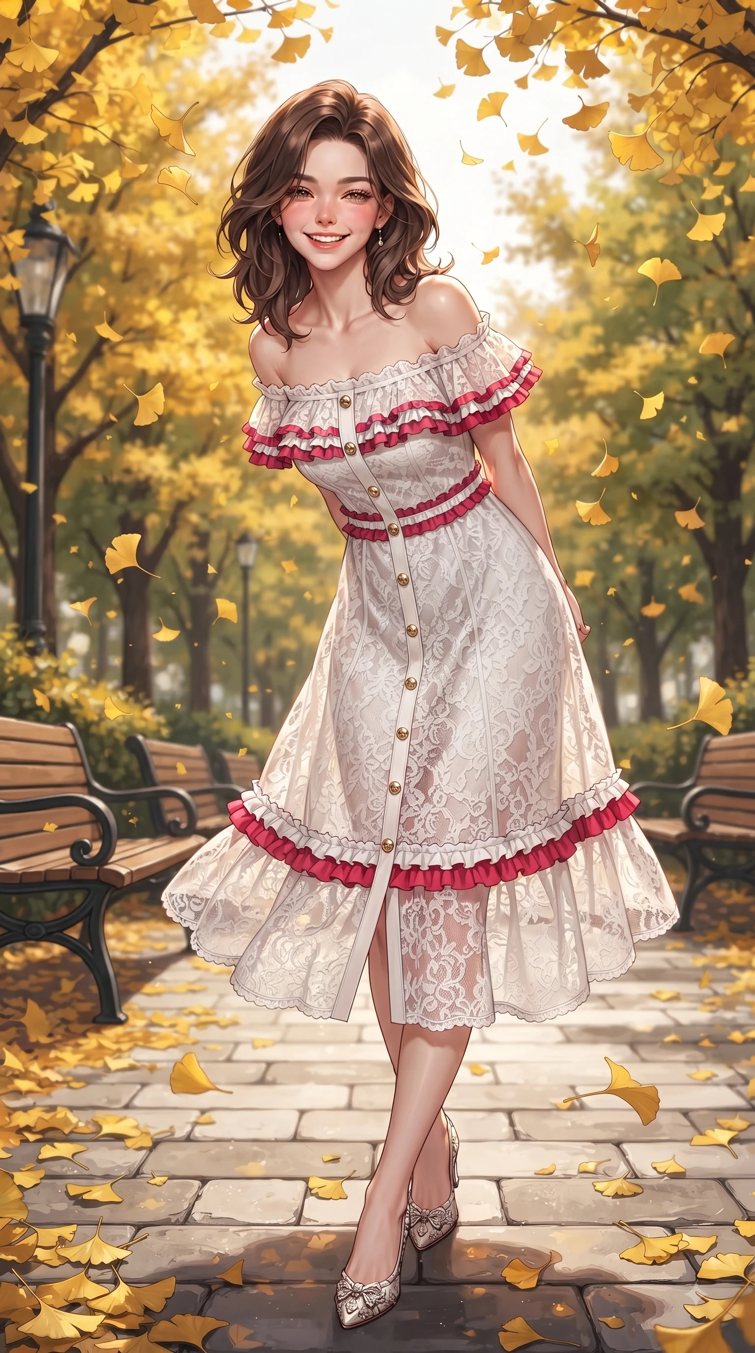 score_9, masterpiece, best quality, ultra-detailed, high-budget anime keyframe, editorial fashion photography, tasteful artistic composition, Korean woman. low angle full-body shot from head to toe showing her feet, filling the entire 9:16 vertical frame with her statuesque presence, stretching her vertical silhouette. Playful cute grin with eyes crinkling in pure girlhood delight, leaning forward with adorable energy while pivoting gracefully as golden ginkgo leaves flutter down like gold rain around her. The surrounding environment is rendered in vivid detail and crisp panoramic clarity. intricate leaf vein textures, classic wooden park benches, and stone park paths in sharp resolution. She has an absolutely perfect, statuesque 8.5-heads proportion, an exceptionally tall and slender model-like female figure with impossibly long slender legs and an ultra-slim waist. sharp v-shaped jawline, high-bridge nose, intricate jewel-like eyes with depth, thick eyelashes, glossy lips with a natural sheen, flawlessly proportioned anatomical accuracy, natural body alignment, perfectly sculpted elegant limbs, clean dynamic posture without body distortion. wearing a chic white lace off-shoulder midi dress decorated with delicate ruffle trims in vibrant crimson red and crisp snow white, woven from fine lightweight chiffon fluttering gracefully, finished with gold metallic hardware buttons along the front, the chic fashion cut framing her graceful clavicle and slender torso. surrounded by a crisp, romantic, and vibrant autumn editorial atmosphere. ultra-reflective glossy finish, specular highlights, metallic sheen, high-contrast stereoscopic depth, volumetric dynamic lighting, 2k, ultra detail, master piece, 9:16 ratio