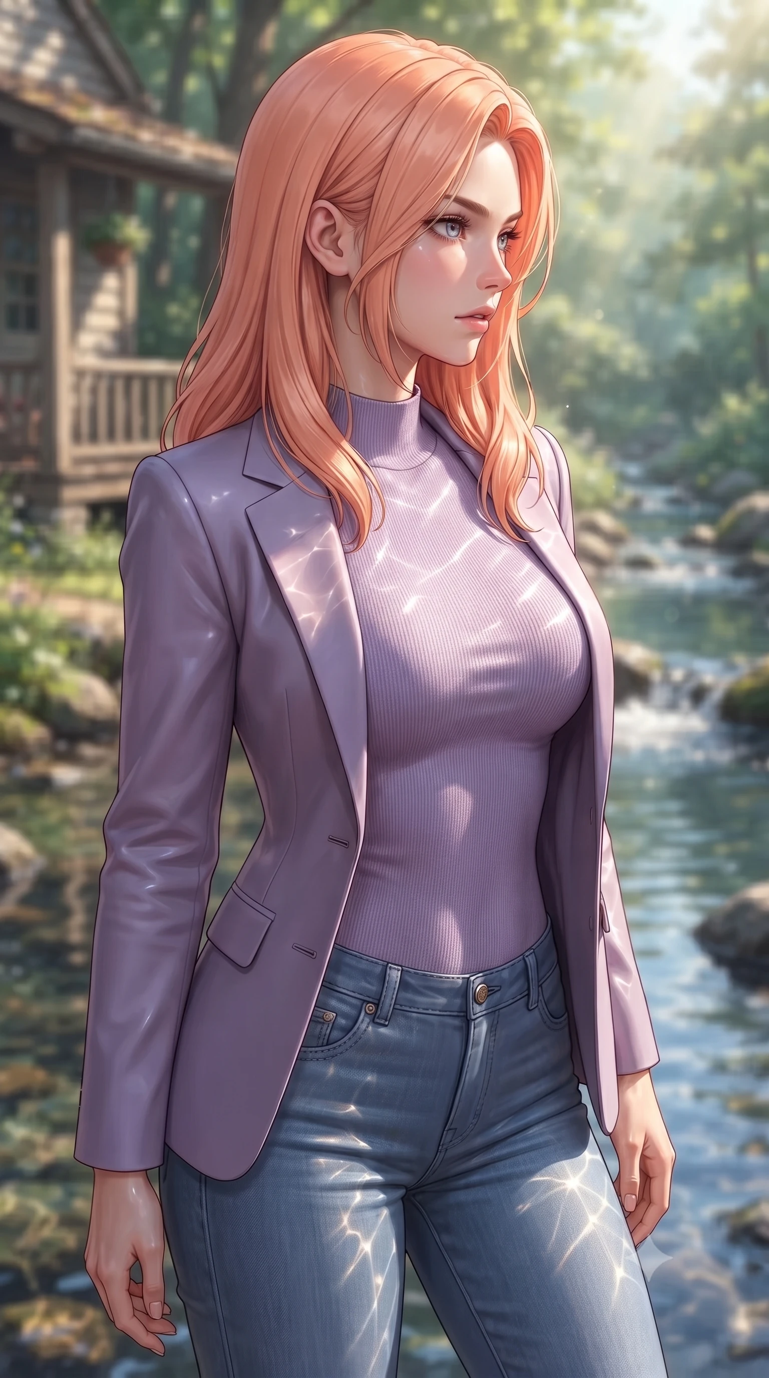 score_9, masterpiece, best quality, ultra-detailed, high-budget anime keyframe, editorial fashion photography, tasteful artistic composition, Japanese woman woman. close-up cowboy shot from the waist and thighs up, the character dominates the composition, filling the frame with her large presence, background elements kept in soft focus. turning her face in sharp profile, casting a cold, mysterious, yet intensely alluring side gaze, the background shows a soft-focus a cozy cottage porch beside a bubbling forest stream with clear running water. She has an exceptionally elegant, slender, and willowy female figure with an ultra-slim waist, a gracefully sculpted slender torso, and a refined silhouette. sharp v-shaped jawline, high-bridge nose, intricate jewel-like eyes with depth, thick eyelashes, glossy lips with a natural sheen. wearing a tailored tight-fitting lavender knit bodysuit worn under a tailored open blazer and jeans. dappled sunbeams reflecting off the moving water surface onto her form. ultra-reflective glossy finish, specular highlights, metallic sheen, high-contrast stereoscopic depth, volumetric dynamic lighting, 2k, ultra detail, master piece, 9:16 ratio