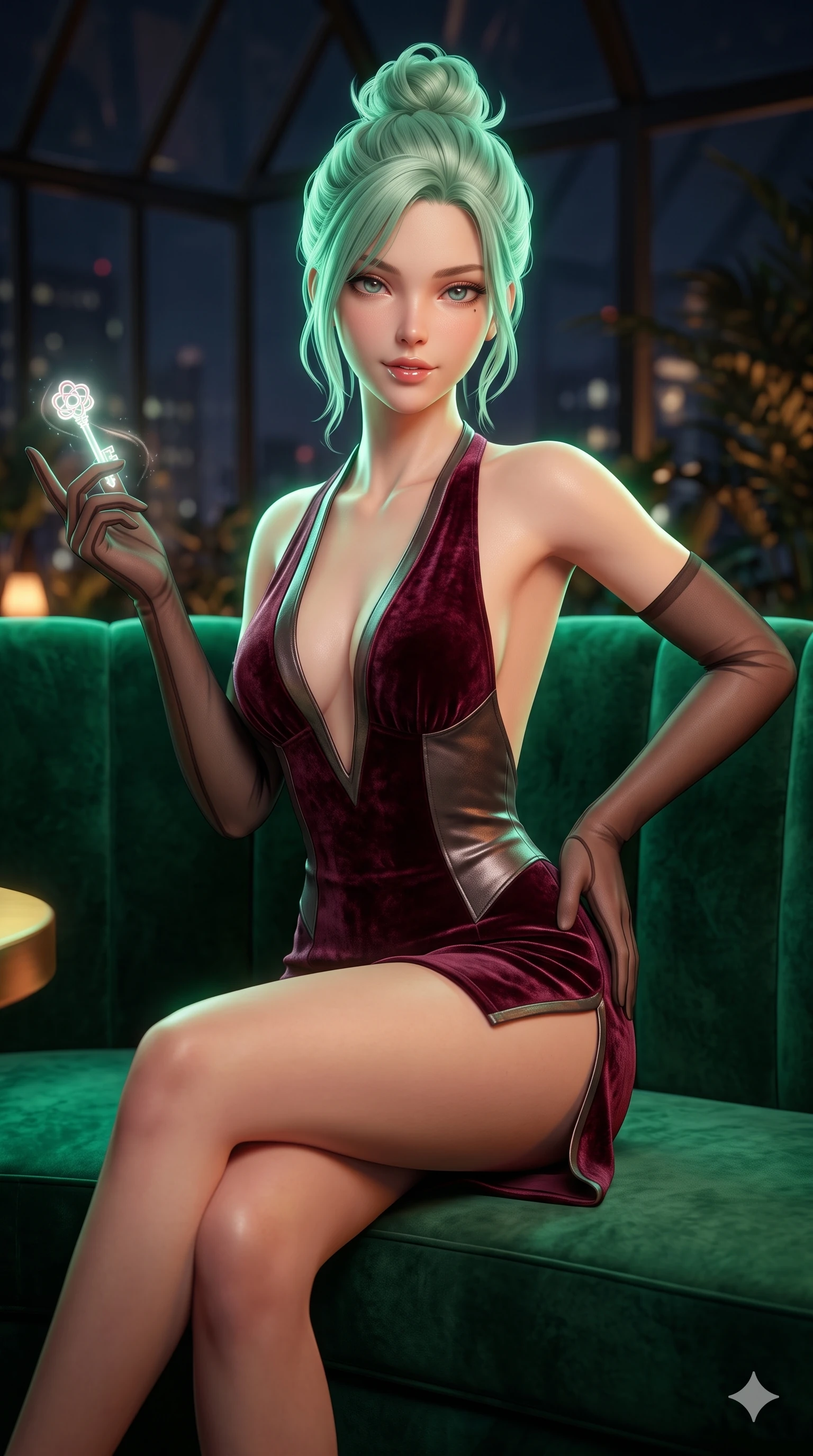 score_9, masterpiece, best quality, ultra-detailed, high-budget anime keyframe, semi-realistic 3D game render, editorial fashion photography, tasteful artistic composition, Japanese woman. close-up cowboy shot from the waist and thighs up, the character dominates the composition, filling the frame with her large presence. arching her spine backward with effortless dancer poise, one hand sliding along her hip line as directional light carves specular highlights along her silhouette while sitting poised in a plush emerald velvet booth with legs crossed, holding a glowing cryptographic key while flashing a subtle, dangerous smile. The background shows a soft-focus exclusive high-stakes solarium atmosphere softened in private penthouse lounge shallow focus. She has an exceptionally elegant, slender, and willowy female figure with an ultra-slim waist, flat toned midriff, narrow ribcage, and sculpted feminine hips creating an alluring, slim hourglass silhouette without bulk. sharp v-shaped jawline, high-bridge nose, intricate jewel-like sparkling eyes with depth, thick eyelashes, glossy parted lips with a natural sheen, intensely captivating and seductive bedroom-eyes expression, exuding both youthful cute charm and sovereign luxury allure, flawlessly proportioned anatomical accuracy, strict slender model proportions, natural body alignment, perfectly sculpted long slender limbs, ultra-slim waistline, clean dynamic posture without body distortion. wearing a backless crushed velvet mini dress with a deep plunging neckline and hip-high thigh slit in deep wine burgundy and brushed dark platinum, woven from buttery-soft stretch lambskin leather adhering to her body like a second skin, complemented by sheer opera-length evening gloves tracing her slender arms, the bespoke structured tailoring following the natural line of her 8.5-heads silhouette with refined elegance. illuminated by polished table bounce and sharp emerald-amber rim lights defining her razor-sharp jawline, narrow waist, and curvy hips. highly saturated vibrant anime colors, detailed shading with soft gradients, rich glossy textures, high-contrast stereoscopic depth, volumetric dynamic lighting, master piece, 9:16 ratio