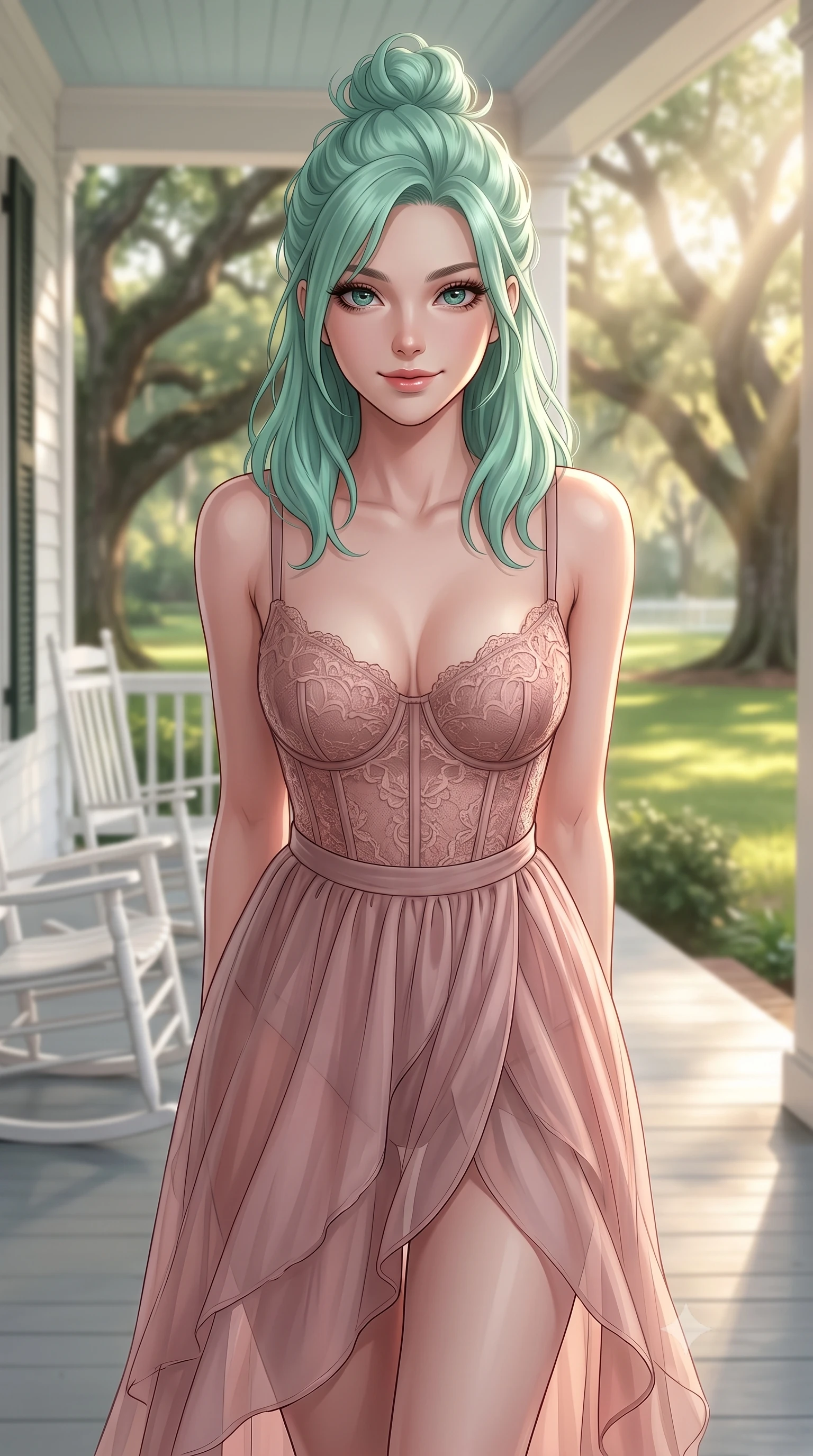 score_9, masterpiece, best quality, ultra-detailed, high-budget anime keyframe, editorial fashion photography, tasteful artistic composition, Japanese woman woman. close-up cowboy shot from the waist and thighs up, the character dominates the composition, filling the frame with her large presence, background elements kept in soft focus. leaning slightly forward with a playful, teasing smile, her gaze locked onto the viewer the background shows a soft-focus a wide white veranda with rocking chairs, overlooking a large green lawn with oak trees. She has an exceptionally elegant, slender, and willowy female figure with an ultra-slim waist, a gracefully sculpted slender torso, and a refined silhouette. sharp v-shaped jawline, high-bridge nose, intricate jewel-like eyes with depth, thick eyelashes, glossy lips with a natural sheen. wearing a slim-fit delicate lace corset-style bustier top in dusty rose, paired with a sheer chiffon wrap skirt. soft late afternoon sunbeams casting a nostalgic, peaceful glow. 2k, ultra detail, master piece, 9:16 ratio