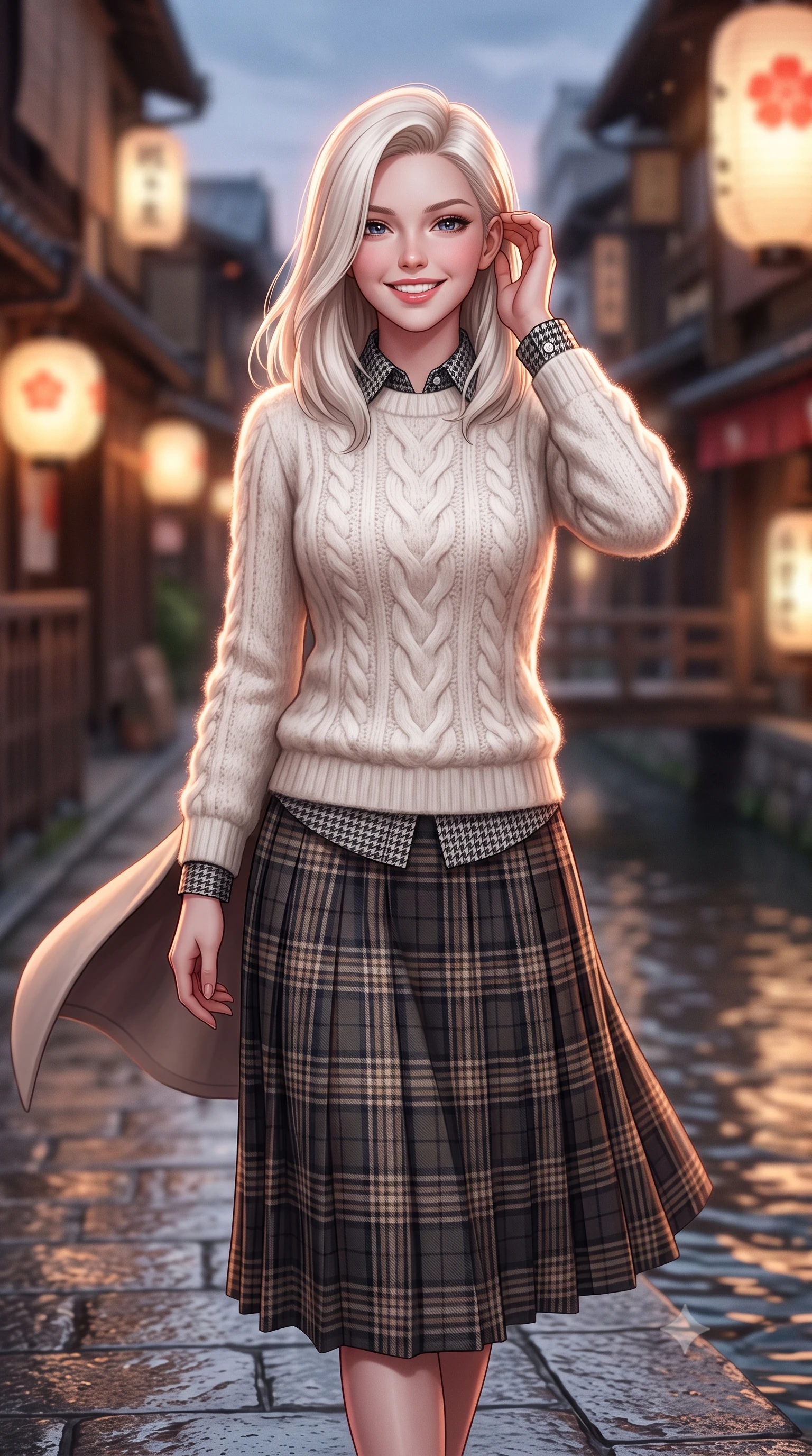 score_9, masterpiece, best quality, ultra-detailed, high-budget anime keyframe, semi-realistic 3D game render, editorial fashion photography, tasteful artistic composition, Caucasian woman. close-up cowboy shot from the waist and thighs up, the character dominates the composition, filling the frame with her large presence. gently brushing a lock of hair behind her ear with one hand while flashing a radiant, joyful smile while walking along the riverside stone promenade with poised strides, her wool coat billowing softly in the river current breeze. The background shows a soft-focus warm paper lanterns along Gion alleyways softened in romantic Kyoto dusk shallow focus. She has an exceptionally elegant, slender, and willowy female figure with an ultra-slim waist, flat toned midriff, narrow ribcage, and sculpted feminine hips creating an alluring, slim hourglass silhouette without bulk. sharp v-shaped jawline, high-bridge nose, intricate jewel-like sparkling eyes with depth, thick eyelashes, glossy parted lips with a natural peach sheen, bright cheerful beaming smile with an enchanting and coquettish sensual glint, exuding both youthful cute charm and seductive allure, flawlessly proportioned anatomical accuracy, strict slender model proportions, natural body alignment, perfectly sculpted long slender limbs, ultra-slim waistline, clean dynamic posture without body distortion. wearing an ivory cable-knit fisherman sweater paired with a pleated wool tartan midi skirt and a crisp collared poplin shirt in classic Savile Row charcoal houndstooth and crisp ivory, woven from plush alpaca yarn with a cloud-like fuzzy texture and soft halo, finished with fine mother-of-pearl cuff buttons catching the soft ambient light, the bespoke architectural tailoring hugging her natural waistline with sartorial precision, creating a clean graceful hourglass silhouette with tall model elegance. illuminated by river water specular reflection bounce and sharp copper-rose rim lights sculpting her jawline, narrow waist, and graceful model proportions. highly saturated vibrant anime colors, detailed shading with soft gradients, rich glossy textures, high-contrast stereoscopic depth, volumetric dynamic lighting, master piece, 9:16 ratio