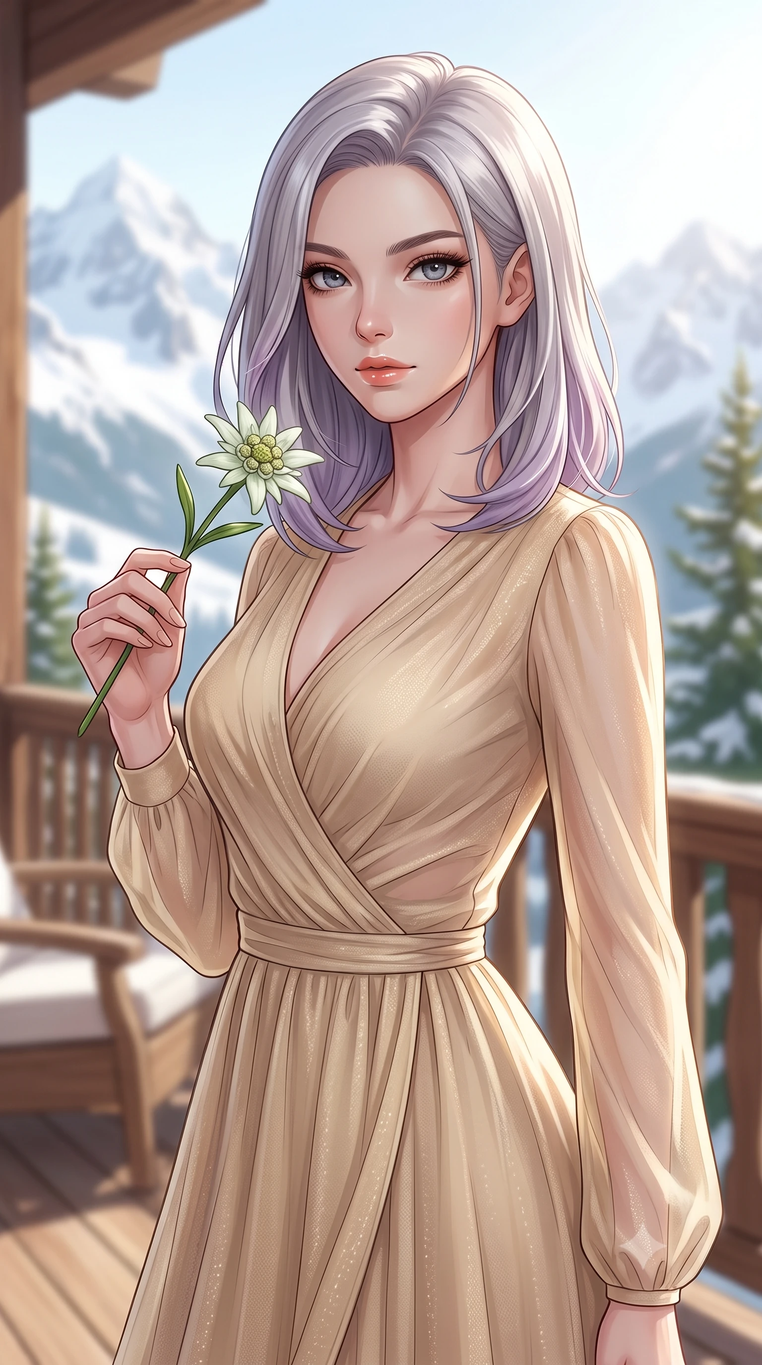 score_9, masterpiece, best quality, ultra-detailed, high-budget anime keyframe, editorial fashion photography, tasteful artistic composition, Caucasian woman woman. close-up cowboy shot from the waist and thighs up, the character dominates the composition, filling the frame with her large presence, background elements kept in soft focus. gazing directly at the viewer with a calm and welcoming expression, holding a fresh flower the background shows a soft-focus a wooden balcony of a luxury mountain lodge, facing majestic snow-capped peaks. She has an exceptionally elegant, slender, and willowy female figure with an ultra-slim waist, a gracefully sculpted slender torso, and a refined silhouette. sharp v-shaped jawline, high-bridge nose, intricate jewel-like eyes with depth, thick eyelashes, glossy lips with a natural sheen. wearing a form-contouring semi-transparent chiffon wrap dress in champagne gold, showing a glimpse of her waist. bright morning alpine sun highlighting the white snow and green pine trees. 2k, ultra detail, master piece, 9:16 ratio