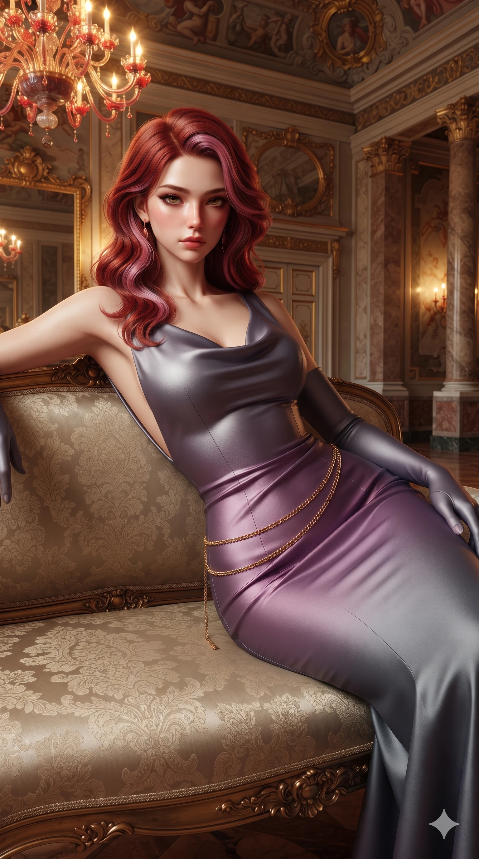 score_9, masterpiece, best quality, ultra-detailed, high-budget anime keyframe, semi-realistic 3D game render, editorial fashion photography, tasteful artistic composition, Caucasian woman. close-up cowboy shot from the waist and thighs up, the character dominates the composition, filling the frame with her large presence. leaning back with relaxed seductive grace, her sculpted collarbones and narrow waist highlighted as she casts smoldering bedroom-eyes directly into the camera while lounging languidly across a damask-upholstered antique settee, her flat midriff and feminine hips bathed in rich ruby and amber chandelier light. The surrounding environment is rendered in vivid detail and crisp panoramic clarity: detailed anime keyframe lines, specular highlights, and monumental Venetian palazzo heritage in high resolution. She has an exceptionally elegant, slender, and willowy female figure with an ultra-slim waist, flat toned midriff, narrow ribcage, and sculpted feminine hips creating an alluring, slim hourglass silhouette without bulk. sharp v-shaped jawline, high-bridge nose, intricate jewel-like eyes with depth, thick eyelashes, glossy parted lips with a natural sheen, intensely captivating and seductive bedroom-eyes expression, flawlessly proportioned anatomical accuracy, strict slender model proportions, natural body alignment, perfectly sculpted long slender limbs, ultra-slim waistline, clean dynamic posture without body distortion. wearing a sculpted mermaid silhouette evening gown in duchess satin with a low cowl back and floor-trailing hem in Highland heather violet and slate granite, tailored from heavy Italian silk mikado with an architectural structured drape, accented with a delicate gold chain belt resting loosely on her curvy hips, the glove-like clinging cut tightly following the natural contour of her hips and long slender legs with youthful 8.5-heads elegance. illuminated by warm 2400K Murano chandelier ruby-amber glow mixed with soft gilded mirror bounce. highly saturated vibrant anime colors, detailed shading with soft gradients, rich glossy textures, high-contrast stereoscopic depth, volumetric dynamic lighting, master piece, 9:16 ratio
