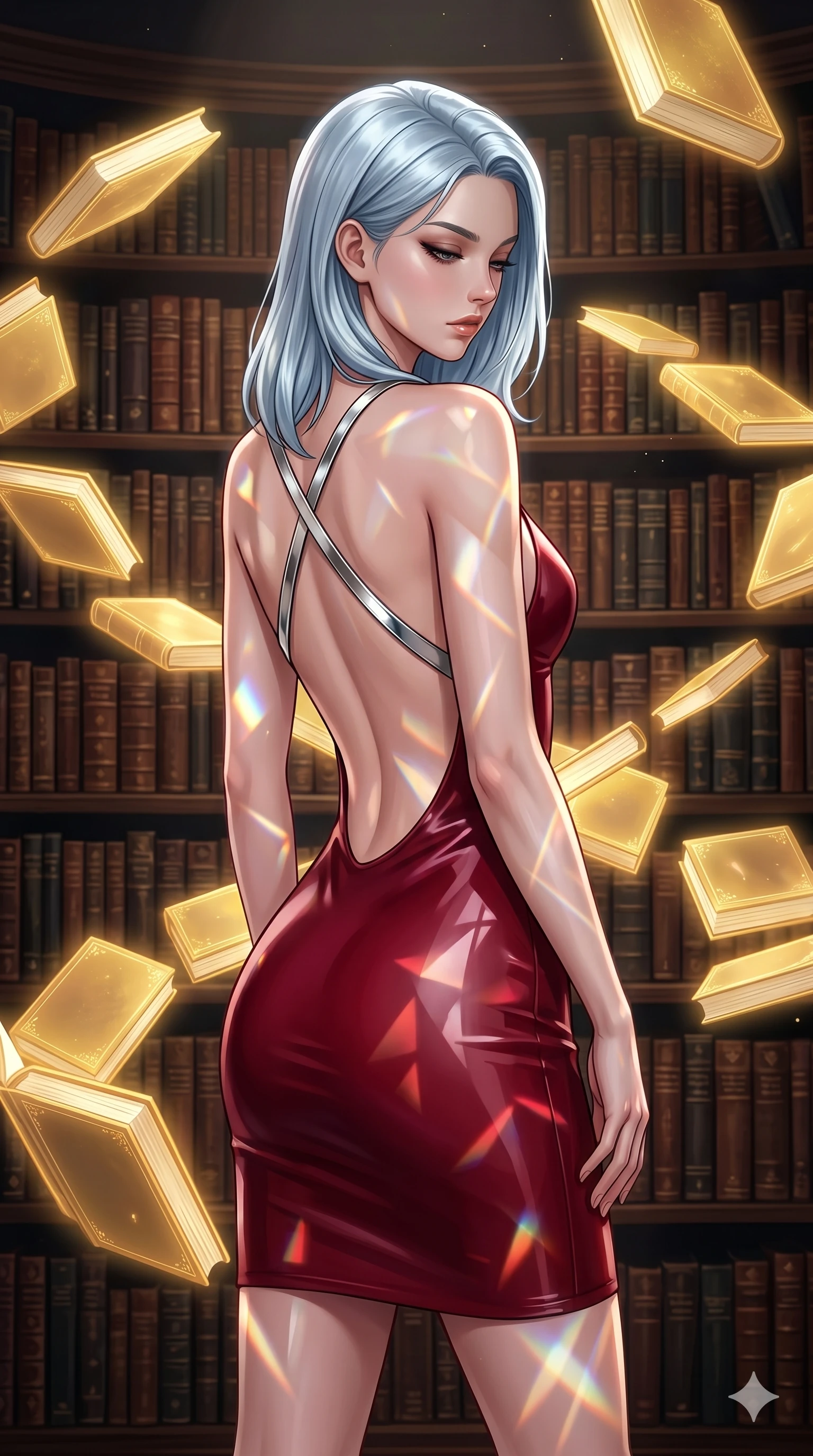 score_9, masterpiece, best quality, ultra-detailed, high-budget anime keyframe, editorial fashion photography, tasteful artistic composition, Korean woman. cowboy shot from the thighs up, character and outfit filling the frame for maximum editorial presence. Looking down with lowered lashes and a composed, powerful expression amidst a baroque library where glowing golden books orbit in slow spiral patterns. She has an absolutely perfect 8-heads proportion, an exceptionally tall and slender female figure with impossibly long slender legs and an ultra-slim waist. V-shaped jawline, high-bridge nose, intricate jewel-like eyes with depth, thick eyelashes, glossy lips with a natural sheen. wearing a structured deep-cherry-red fashion-latex fitted dress with a clean architectural front and a dramatic open-back design with a single criss-cross strap in chrome across the bare back. lit by mirror-reflected prismatic spotlights creating geometric light patterns that play across her body. 2k, ultra detail, master piece, 9:16 ratio