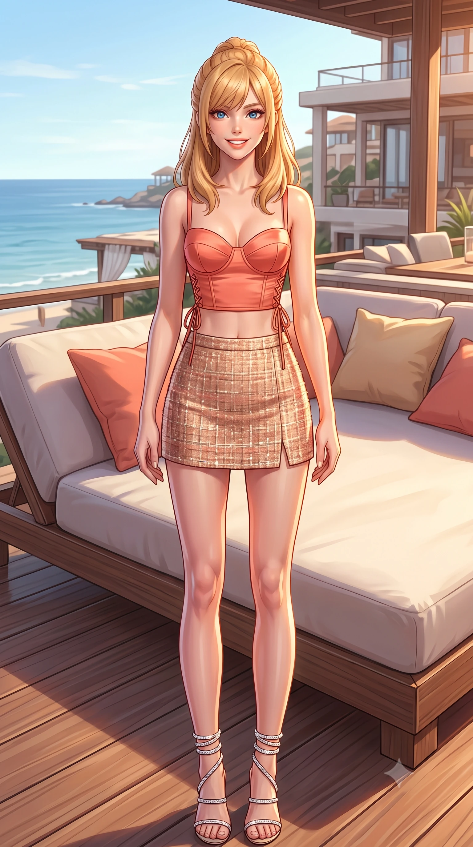 score_9, masterpiece, best quality, ultra-detailed, high-budget anime keyframe, semi-realistic 3D game render, editorial fashion photography, tasteful artistic composition, Caucasian woman. low angle full-body shot from head to toe showing her feet, filling the entire 9:16 vertical frame with her statuesque presence, stretching her vertical silhouette. stepping forward in a confident stride, her long slender legs and curvaceous hips creating a dynamic, sweeping vertical line while lounging in the outdoor daybed propped on one elbow with legs extended, displaying her long slender limbs and statuesque hourglass silhouette against the sea. The surrounding environment is rendered in vivid detail and crisp panoramic clarity: detailed outfit silhouette, fabric cling or tailoring, and coastal architecture in high resolution. She has an exceptionally tall and slender model-like 8.5-heads proportion, an ultra-slim waist, a flat toned midriff, narrow delicate ribcage, and beautifully sculpted feminine hips creating a graceful, slim hourglass silhouette without any bulky heaviness, with impossibly long slender legs. sharp v-shaped jawline, high-bridge nose, intricate jewel-like sparkling eyes with depth, thick eyelashes, glossy parted lips with a natural peach sheen, bright cheerful beaming smile with an enchanting and coquettish sensual glint, exuding both youthful cute charm and seductive allure, flawlessly proportioned anatomical accuracy, strict slender model proportions, natural body alignment, perfectly sculpted long slender limbs, ultra-slim waistline, clean dynamic posture without body distortion. wearing a sculpted satin underwire crop bustier with lace-up side ties paired with a micro skirt in Palm Springs desert sunset coral and warm honey champagne, woven from structured British tweed with subtle metallic flecks, complemented by strappy stiletto sandals with crystal ankle wraps accentuating her slender calves, the form-contouring silhouette accentuating her sculpted flat midriff, narrow delicate ribcage, and gracefully curvy hips with intoxicating allure. illuminated by deck wood reflection bounce and sharp copper-gold rim lights sculpting her jawline, narrow waist, and curvy hips. highly saturated vibrant anime colors, detailed shading with soft gradients, rich glossy textures, high-contrast stereoscopic depth, volumetric dynamic lighting, master piece, 9:16 ratio