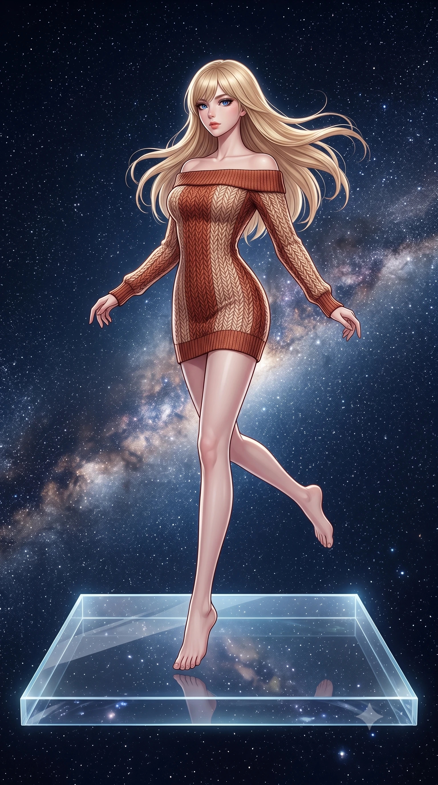 score_9, masterpiece, best quality, ultra-detailed, high-budget anime keyframe, editorial fashion photography, tasteful artistic composition, Japanese woman. low angle full-body shot from head to toe showing her feet, filling the entire 9:16 vertical frame with her statuesque presence, stretching her vertical silhouette. leaping gracefully through a transparent crystalline dance floor floating in open space with nothing but stars visible in every direction below through the glass and around the edges of the impossibly suspended platform. She has a statuesque 8.5-heads proportion, an exceptionally tall, slender and willowy model-like build with impossibly long legs and a highly sculpted ultra-slim waist. sharp v-shaped jawline, high-bridge nose, intricate jewel-like eyes with depth, thick eyelashes, glossy lips with a natural sheen. wearing an off-shoulder fitted sweater dress in a two-tone weave of terracotta and cream wool, conforming to her slender willowy silhouette. pure unfiltered starlight from every direction creating shadowless illumination with the concentrated light of the Milky Way band providing a subtle bright strip across the scene. 2k, ultra detail, master piece, 9:16 ratio