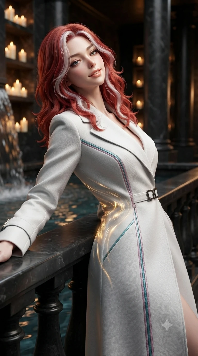 score_9, masterpiece, best quality, ultra-detailed, high-budget anime keyframe, editorial fashion photography, tasteful artistic composition, Caucasian woman. close-up cowboy shot from the waist and thighs up, the character dominates the composition, filling the frame with her large presence. leaning back against the balustrade with relaxed seductive grace, head tilted back slightly while casting a hypnotic, heavy-lidded gaze while twisting her slender torso in an alluring contrapposto stance beside the water cascade, golden reflections caressing her narrow waist and curvy hips. The background shows a soft-focus flickering wax candles lining tiered wall niches, swirling golden water currents, and dark basalt colonnades blurred into topaz, charcoal, and amber bokeh. She has an exceptionally elegant, slender, and willowy female figure with an ultra-slim waist, flat toned midriff, narrow ribcage, and sculpted feminine hips creating an alluring, slim hourglass silhouette without bulk. sharp v-shaped jawline, high-bridge nose, intricate jewel-like sparkling eyes with depth, thick eyelashes, glossy parted lips with a natural peach sheen, bright cheerful beaming smile with an enchanting and coquettish sensual glint, exuding both youthful cute charm and seductive allure, flawlessly proportioned anatomical accuracy, strict slender model proportions, natural body alignment, perfectly sculpted long slender limbs, ultra-slim waistline, clean dynamic posture without body distortion. wearing a bespoke arctic opera coat dress in snow-white double-faced cashmere with metallic thread accents in subterranean lagoon turquoise and lotus blossom pink, woven from structured carbon-fiber jacquard with rich textural depth, finished with sleek magnetic buckle closures fluttering in the breeze, the impeccably tailored cut draping gracefully along her slender figure with aristocratic poise. illuminated by pool reflection bounce and sharp honey-gold rim lights sculpting her jawline, narrow waist, and curvy hips. ultra-reflective glossy finish, specular highlights, rich textural contrasts, high-contrast stereoscopic depth, volumetric dynamic lighting, 2k, ultra detail, master piece, 9:16 ratio