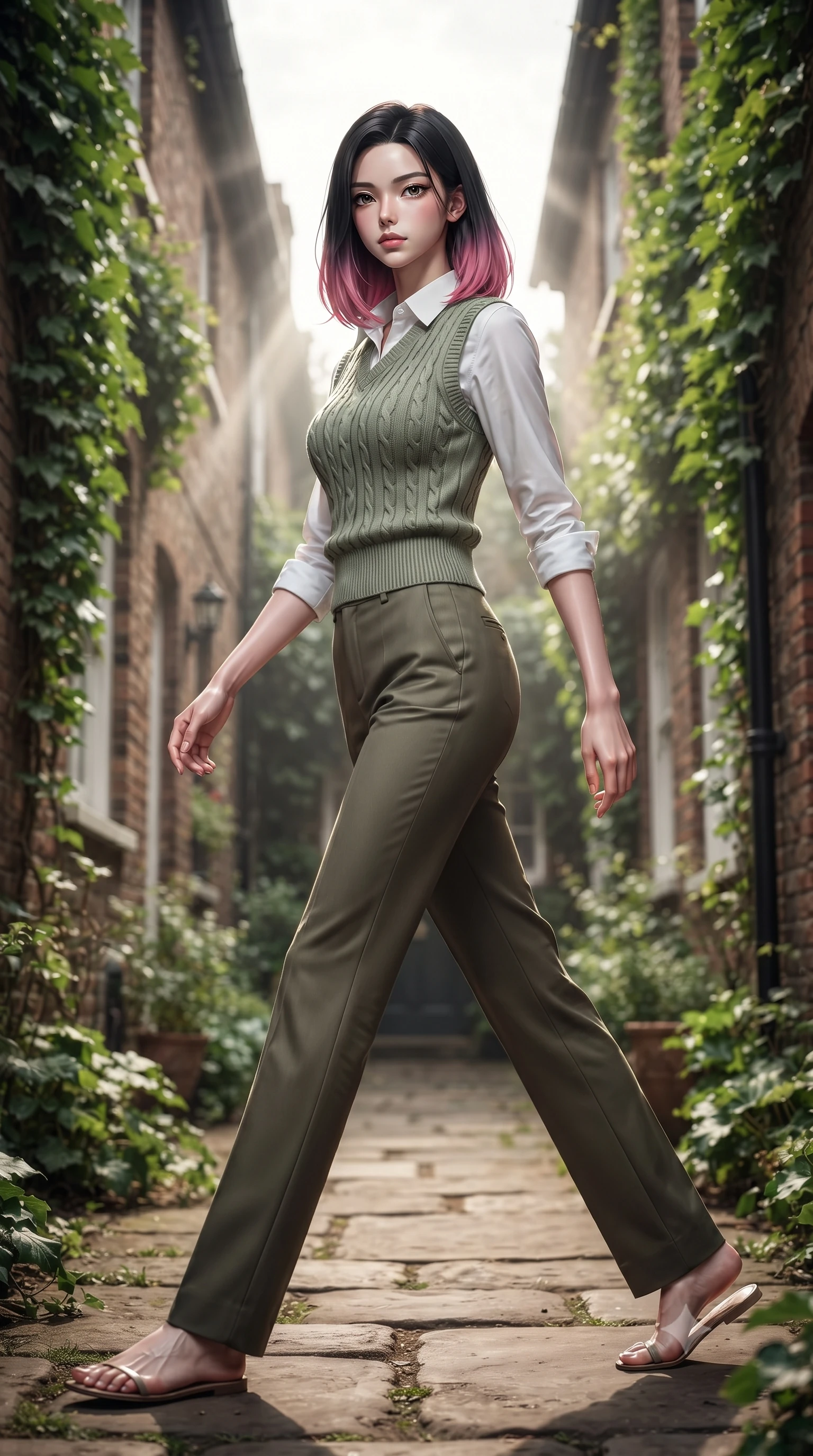 score_9, masterpiece, best quality, ultra-detailed, high-budget anime keyframe, editorial fashion photography, tasteful artistic composition, Korean woman woman. low angle full-body shot from head to toe showing her feet, filling the entire 9:16 vertical frame with her statuesque presence, stretching her vertical silhouette. stepping gracefully across a stone path in the garden the background shows a soft-focus a charming brick-walled lane in a historic district, with green ivy climbing the walls. She has an absolutely perfect, statuesque 8.5-heads proportion, an exceptionally tall and slender model-like female figure with impossibly long slender legs and an ultra-slim waist. sharp v-shaped jawline, high-bridge nose, intricate jewel-like eyes with depth, thick eyelashes, glossy lips with a natural sheen. wearing a slim-fit soft cable-knit vest in sage green, layered over a white collared shirt and straight-cut trousers. sun rays cutting through the gap between buildings, creating dramatic contrasts. ultra-reflective glossy finish, specular highlights, metallic sheen, high-contrast stereoscopic depth, volumetric dynamic lighting, 2k, ultra detail, master piece, 9:16 ratio