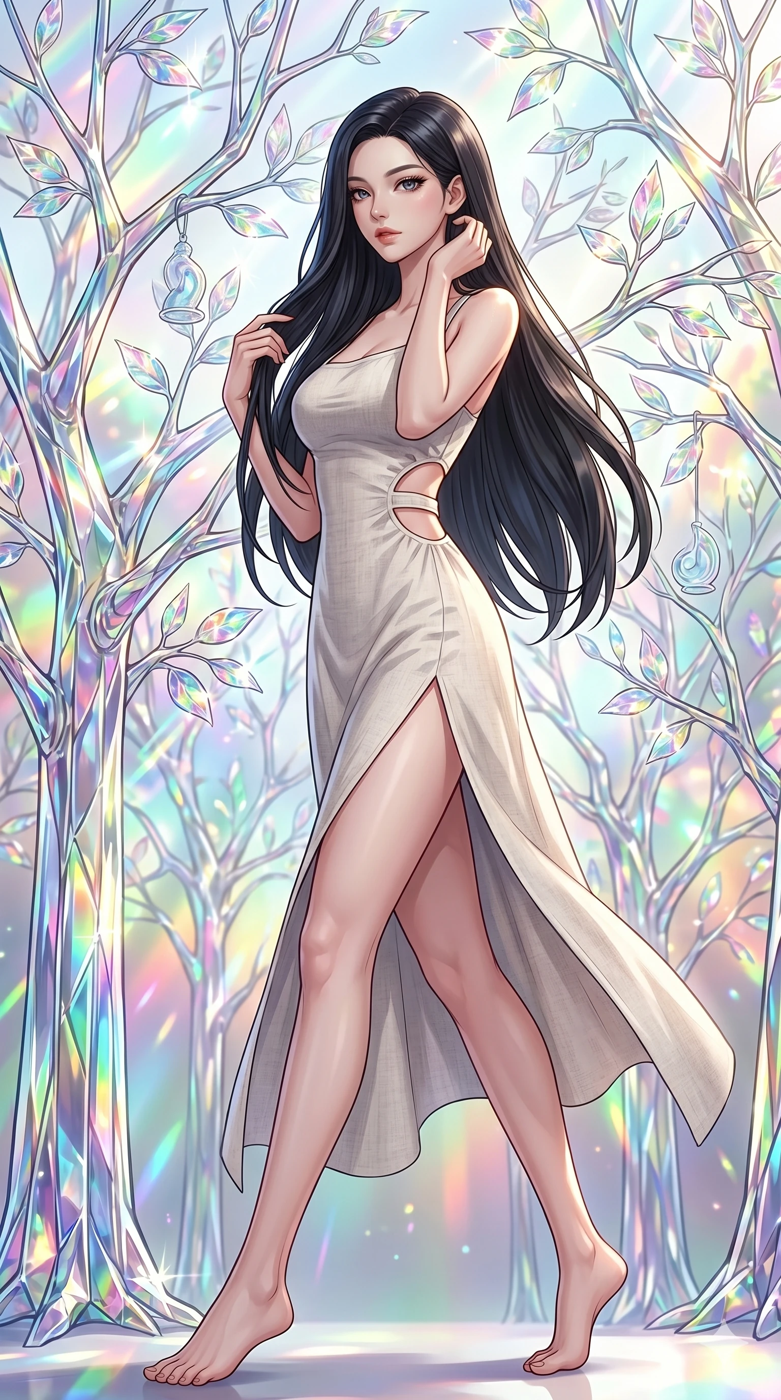 score_9, masterpiece, best quality, ultra-detailed, Set C: High-budget Anime Keyframe, Korean woman. Low angle cowboy shot filling the entire 9:16 frame with her statuesque presence. Walking through a garden of glass trees that chime in the wind. She has an absolutely perfect 8-heads proportion, an exceptionally tall and slender female figure with elegant long slender legs and an slender waist. Sharp v-shaped jawline, high-bridge nose, intricate jewel-like eyes with depth, thick eyelashes, glossy lips. Wearing a Seasonal/Resort outfit: linen sundress with side cut-outs and a high side slit. Background is a bright and colorful fantasy garden with prismatic glass leaves and vibrant light. 2k, ultra detail, master piece, 9:16 ratio