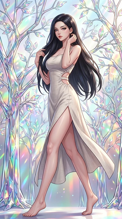 score_9, masterpiece, best quality, ultra-detailed, Set C: High-budget Anime Keyframe, Korean woman. Low angle cowboy shot filling the entire 9:16 frame with her statuesque presence. Walking through a garden of glass trees that chime in the wind. She