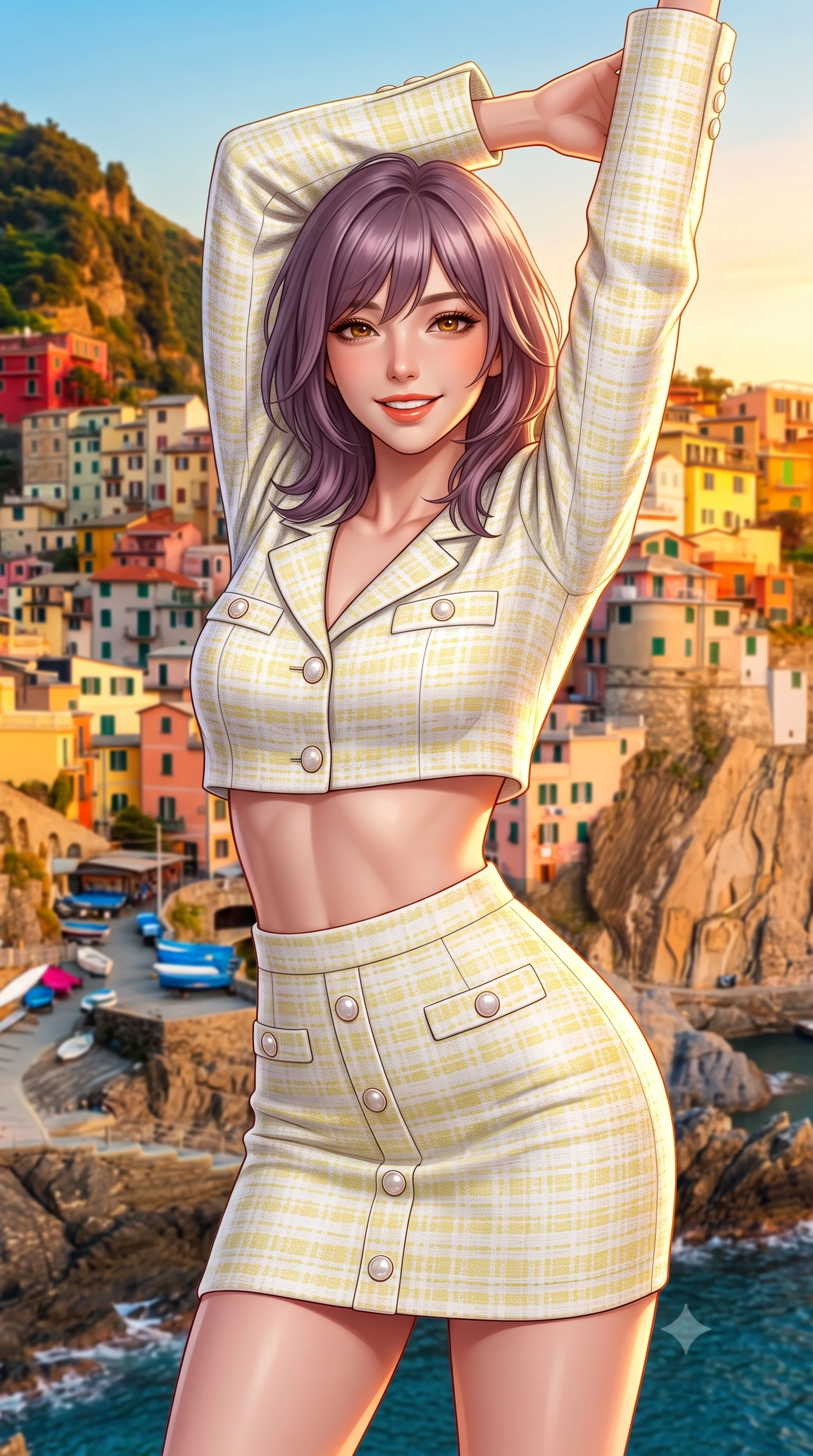 score_9, masterpiece, best quality, ultra-detailed, high-budget anime keyframe, semi-realistic 3D game render, editorial fashion photography, tasteful artistic composition, Japanese woman. close-up cowboy shot from the waist and thighs up, the character dominates the composition, filling the frame with her large presence. playfully stretching one arm overhead toward the setting sun, her radiant smile capturing fresh girlhood charm while her arched torso reveals an intoxicating hip contour while twisting her slender torso in an alluring contrapposto stance, her bodycon knit resort dress tracing her narrow waist and curvy hips. The surrounding environment is rendered in vivid detail and crisp panoramic clarity. detailed dress texture, glowing sun-kissed skin highlights, and Italian cliffside village clarity in high resolution. She has an exceptionally elegant, slender, and willowy female figure with an ultra-slim waist, flat toned midriff, narrow ribcage, and sculpted feminine hips creating an alluring, slim hourglass silhouette without bulk. sharp v-shaped jawline, high-bridge nose, sparkling amber-hazel eyes with depth, long lush eyelashes, glossy sun-kissed lips with a warm coral glaze, radiant teasing smile with sensual sunlit bedroom-eyes, exuding effortless old-money elegance and intoxicating sun-drenched allure, flawlessly proportioned anatomical accuracy, strict slender model proportions, natural body alignment, perfectly sculpted long slender limbs, ultra-slim waistline, clean dynamic posture without body distortion. wearing a luxury white tweed two-piece resort set with a cropped jacket and ultra-fitted high-waisted mini skirt tracing her hips in pastel limoncello yellow and vanilla cream, tailored from crisp cotton poplin with clean structural architectural lines, accented with neat front carved mother-of-pearl buttons, the glove-like silhouette tightly following the natural contour of her hips and long slender legs with youthful 8.5-heads elegance. illuminated by sea-surface golden bounce and sharp amber rim lighting sculpting her sculpted collarbones, ultra-slim waist, and curvy hips. highly saturated vibrant anime colors, detailed shading with soft gradients, rich glossy textures, high-contrast stereoscopic depth, volumetric dynamic lighting, master piece, 9:16 ratio