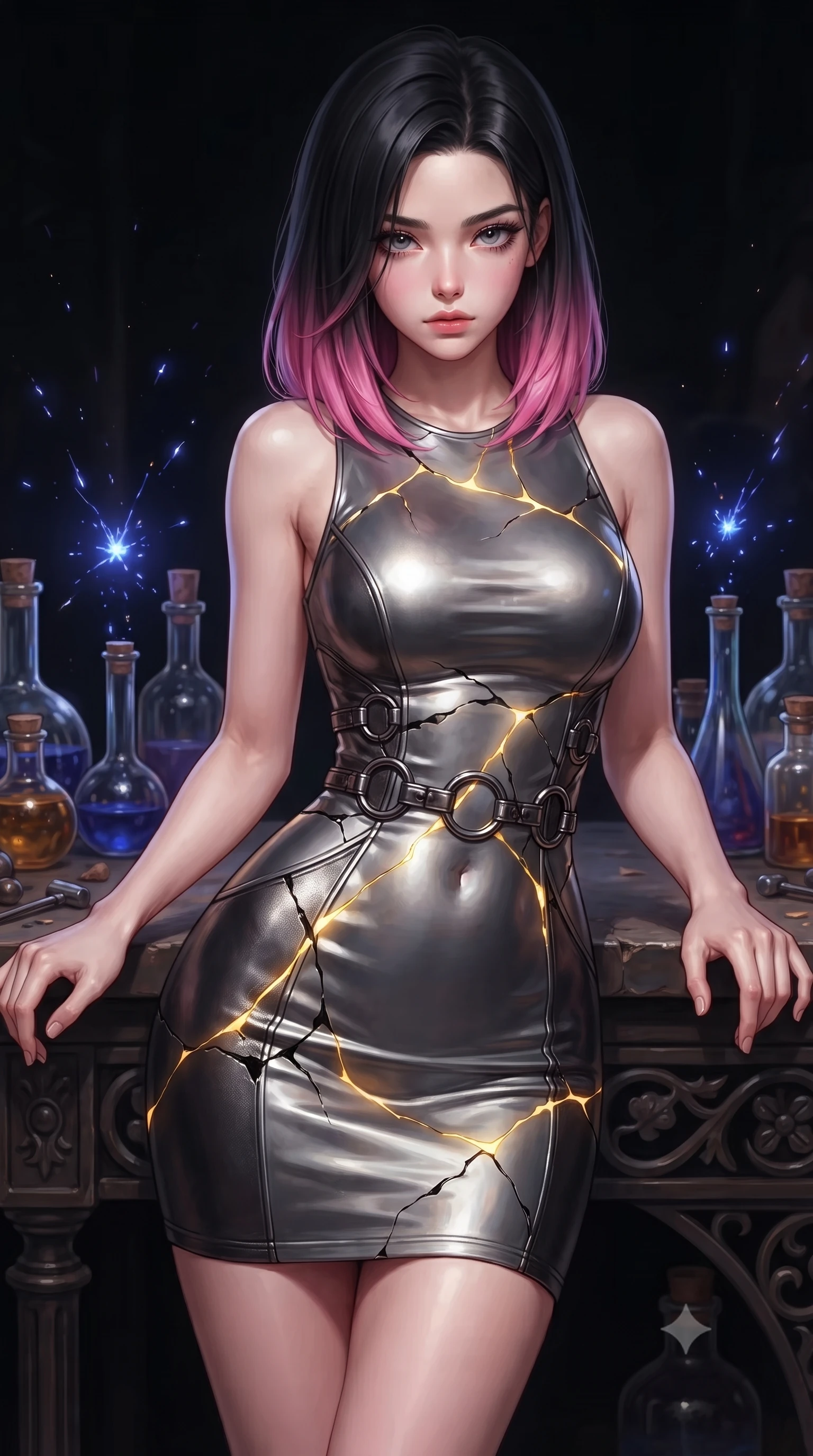score_9, masterpiece, best quality, ultra-detailed, high-budget anime keyframe, editorial fashion photography, tasteful artistic composition, Korean woman. close-up cowboy shot from the waist and thighs up, the character dominates the composition, filling the frame with her large presence, background elements kept in soft focus. Casting a slow, direct gaze beneath heavy lashes with quiet intensity, resting against an antique dark iron workbench filled with alchemy vials, deep cobalt alchemy sparks bursting gracefully in the dark air. She has an exceptionally elegant, slender, and willowy female figure with an ultra-slim waist, a gracefully sculpted slender torso, and a refined silhouette. sharp v-shaped jawline, high-bridge nose, intricate jewel-like eyes with depth, thick eyelashes, glossy lips with a natural sheen. wearing aerodynamic second-skin dark silver metallic bodycon dress in metallic dark silver, made of polished black leather, trimmed with dark chrome ring hardware along the waist contours, contouring every curve with an exceptionally elegant silhouette. illuminated by brilliant golden kintsugi glow radiating from black porcelain cracks. highly saturated vibrant anime colors, detailed shading with soft gradients, rich glossy textures, high-contrast stereoscopic depth, volumetric dynamic lighting, master piece, 9:16 ratio