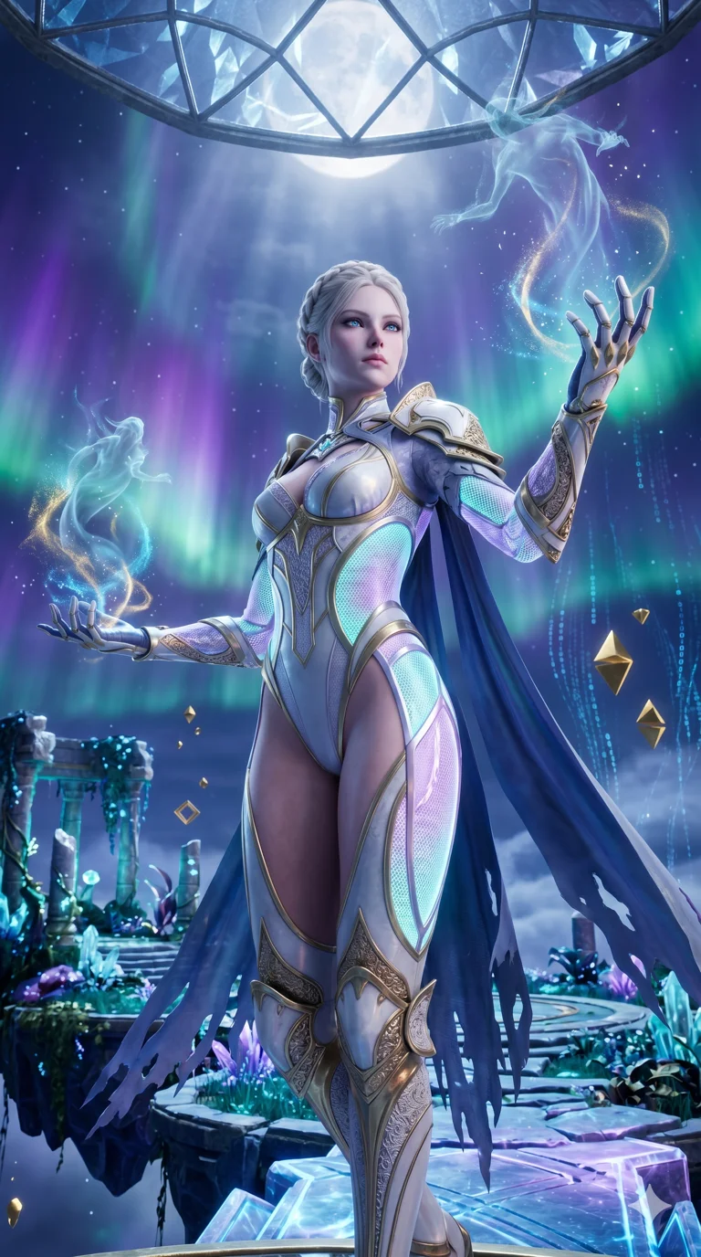 score_9, masterpiece, best quality, ultra-detailed, Semi-realistic 3D Game Render, high-fidelity character model, intricate armor textures, dynamic particle effects, Unreal Engine 5 aesthetic, crisp 3D depth, Caucasian woman with pale skin, blonde hair, and (strictly human ears). Dramatic low angle looking up at her majestic stature, dominating the vertical space of the composition. Summoning mystical ancient spirits in a floating celestial garden amidst a breathtaking aurora borealis that paints the sky in shades of violet and emerald. She has an absolutely perfect 8-heads proportion, an exceptionally tall and slender female figure with impossibly long slender legs and an ultra-slim waist, her statuesque height and towering silhouette dominating the vertical 9:16 frame. Her face is a masterpiece featuring a sharp v-shaped jawline, high-bridge nose, intricate jewel-like eyes with depth, thick eyelashes, and glossy lips with a natural sheen. She is wearing a High-cut leotard with metallic plating and translucent PVC panels on the sides crafted from Fluorescent mesh that glows brightly under neon light, highlighting her silhouette, featuring a crystalline structure that catches the light and reveals her slender frame. The scene is set in an abstract digital void with floating golden geometric shapes and rivers of flowing code, illuminated by ethereal moonlight filtering through a crystalline canopy, creating soft highlights. 2k, ultra detail, master piece, 9:16 ratio